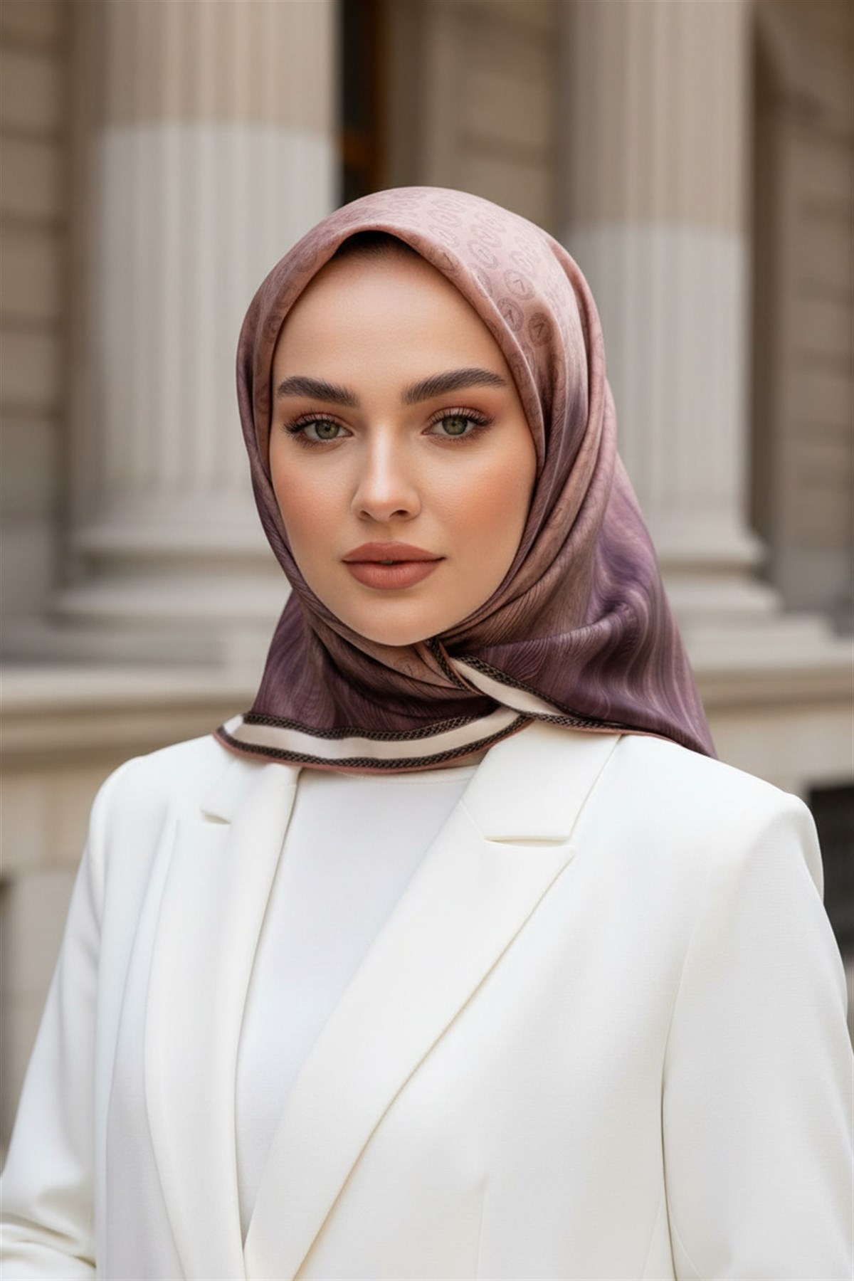 100% Twill İpek Monogram Desenli Somon Renkli 90x90 Dikim Şekli : El Dikişi Eşarp