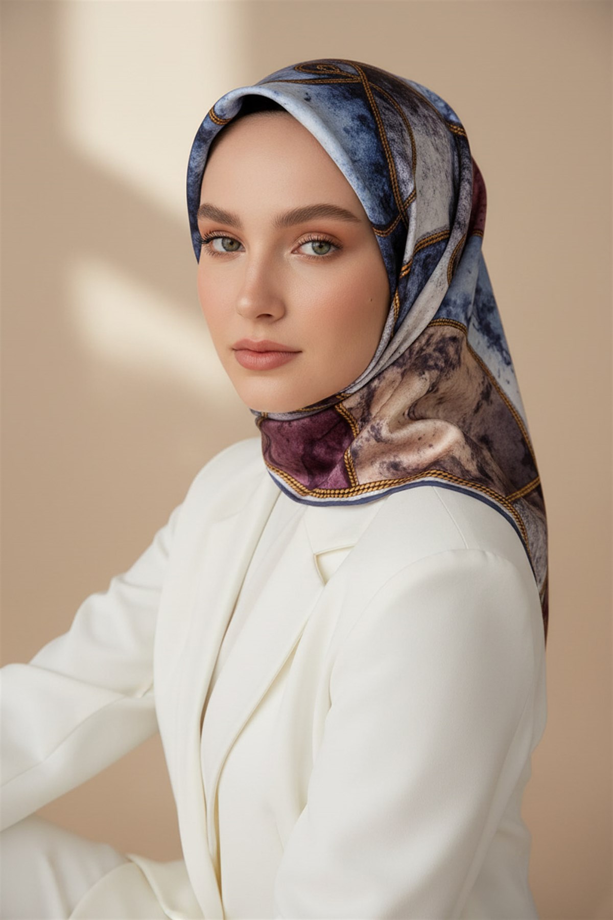 % 57 İPEK % 43 VİSKON Twill İpek Zincirli Mermer Desenli Bebe Mavisi - Pudra Renkli 90x90 Eşarp Dikim Şekli : El Dikişi