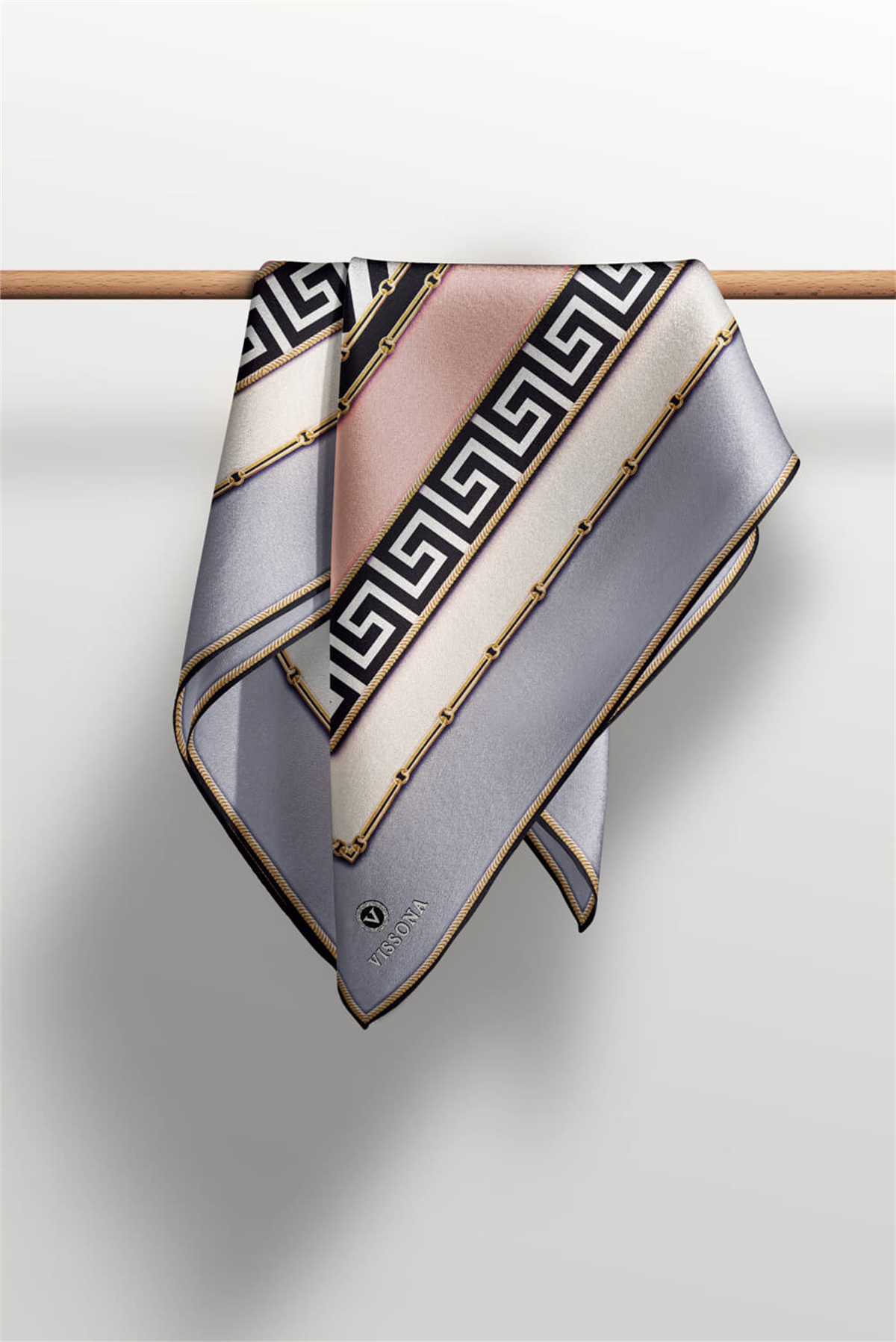 %100 Twill İpek Labirent Ve Geometrik Desenli Gri - Pudra Renkli 90x90 Eşarp Dikim Şekli : El Dikişi