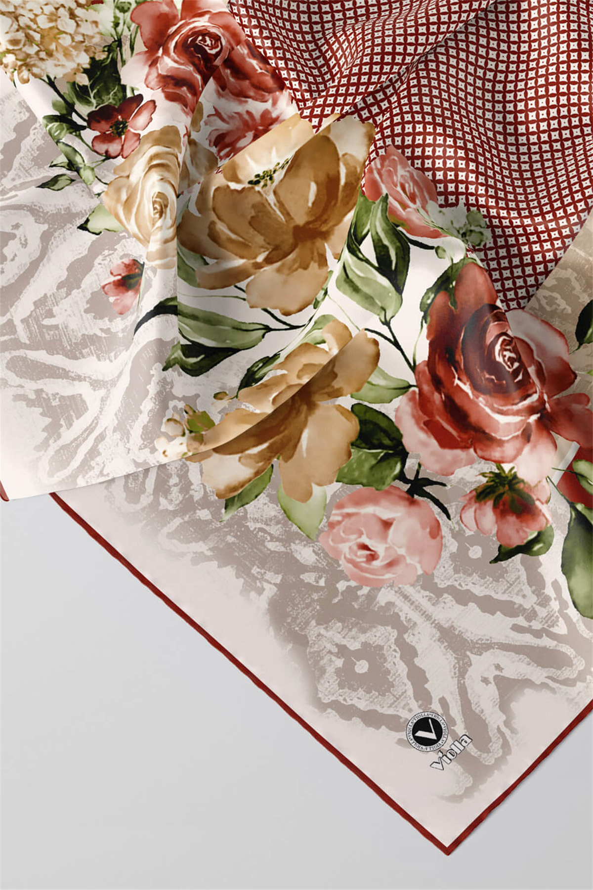 Twill Çiçek Desenli Taba Renkli 90x90 Eşarp (İpek İçermez) Kenar Dikiş Şekli El Dikişli