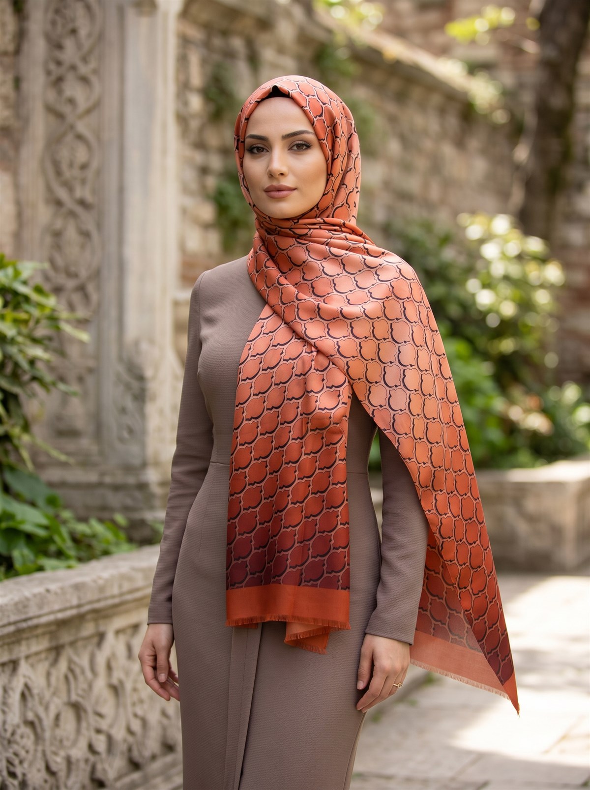 %100 Saf İpek Şal İnce Saten Vual Dokuma Petek Desenli Taba - Somon Renkli 90x210 Şal