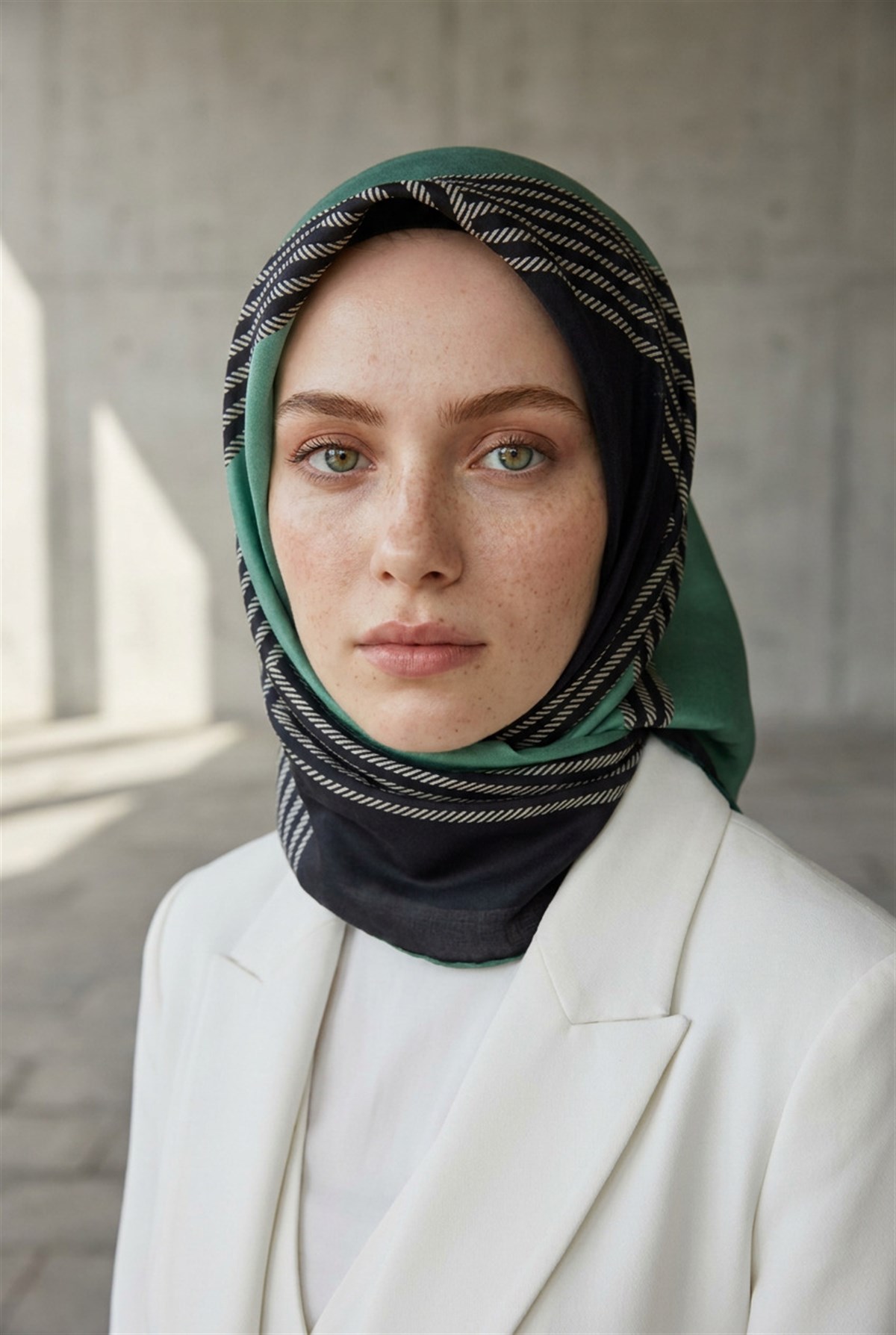 %100 Twill İpek Geometrik Desenli Petrol Yeşili Renkli 90x90 Eşarp Dikim Şekli : El Dikişi