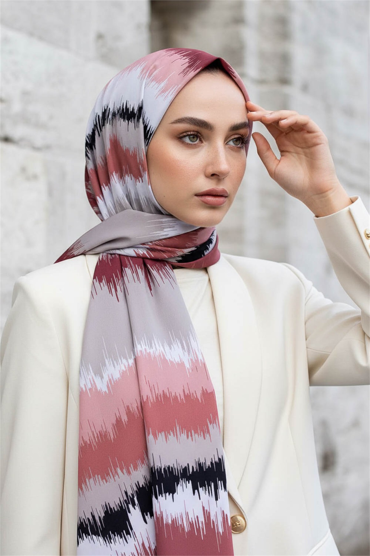 KREP FREKANS DESENLİ GRİ - PUDRA RENKLİ 75X195 KIRIŞMAZ ŞAL