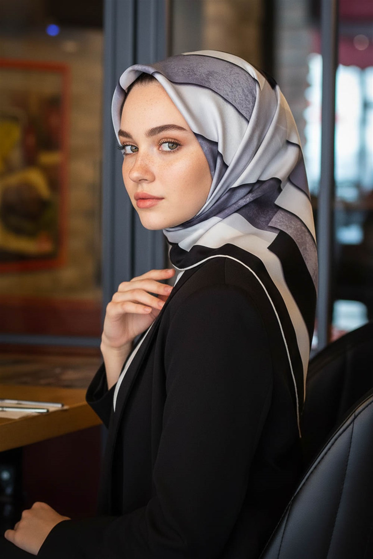 % 57 İPEK % 43 VİSKON Twill Geometrik Bulut  Desenli Siyahlı Grili  Renkli 90x90 Eşarp Dikim Şekli: El Dikişi