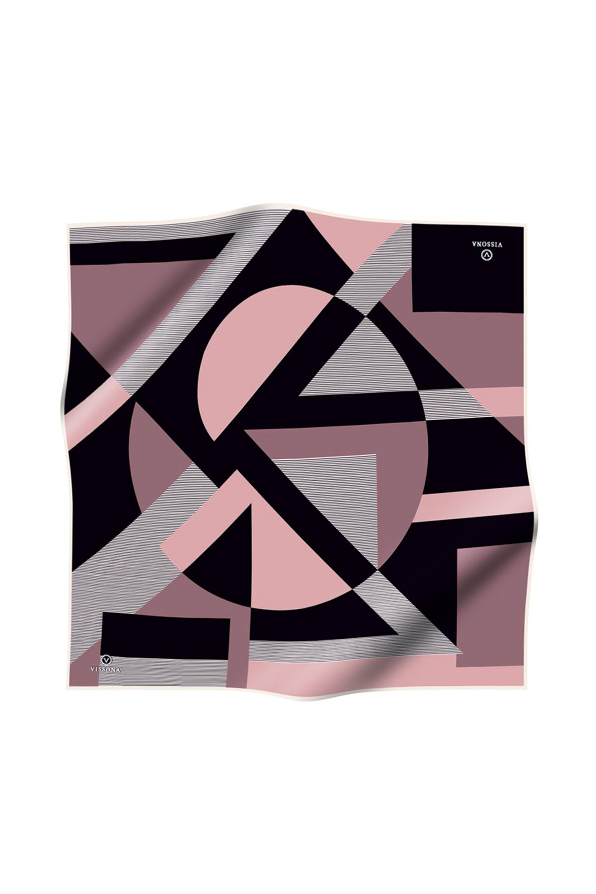 %100 Twill İpek Geometrik Çizgi Desenli Siyah - Pudra Renkli 90x90 Eşarp Kenar Dikiş Şekli El Dikişli
