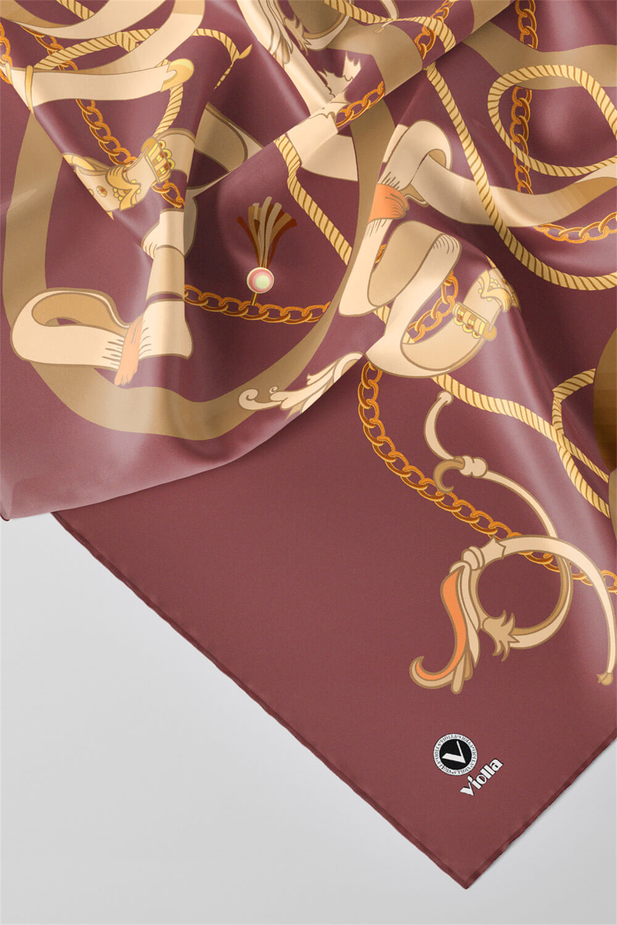 Twill Kemerli Ve Zincir Desenli Gül Kurusu Renkli 90x90 Eşarp (İpek İçermez) Kenar Dikiş Şekli El Dikişli