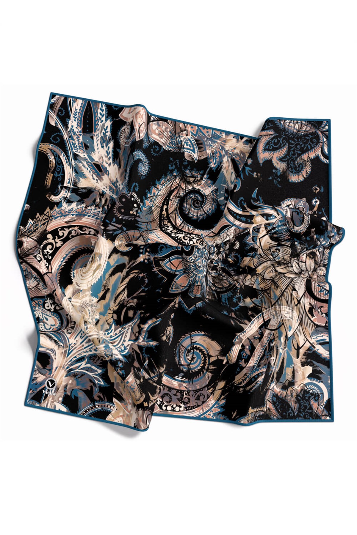 Twill Şal Desenli Petrol Yeşili Renkli 90x90 Eşarp (İpek İçermez) Kenar Dikiş Şekli El Dikişli