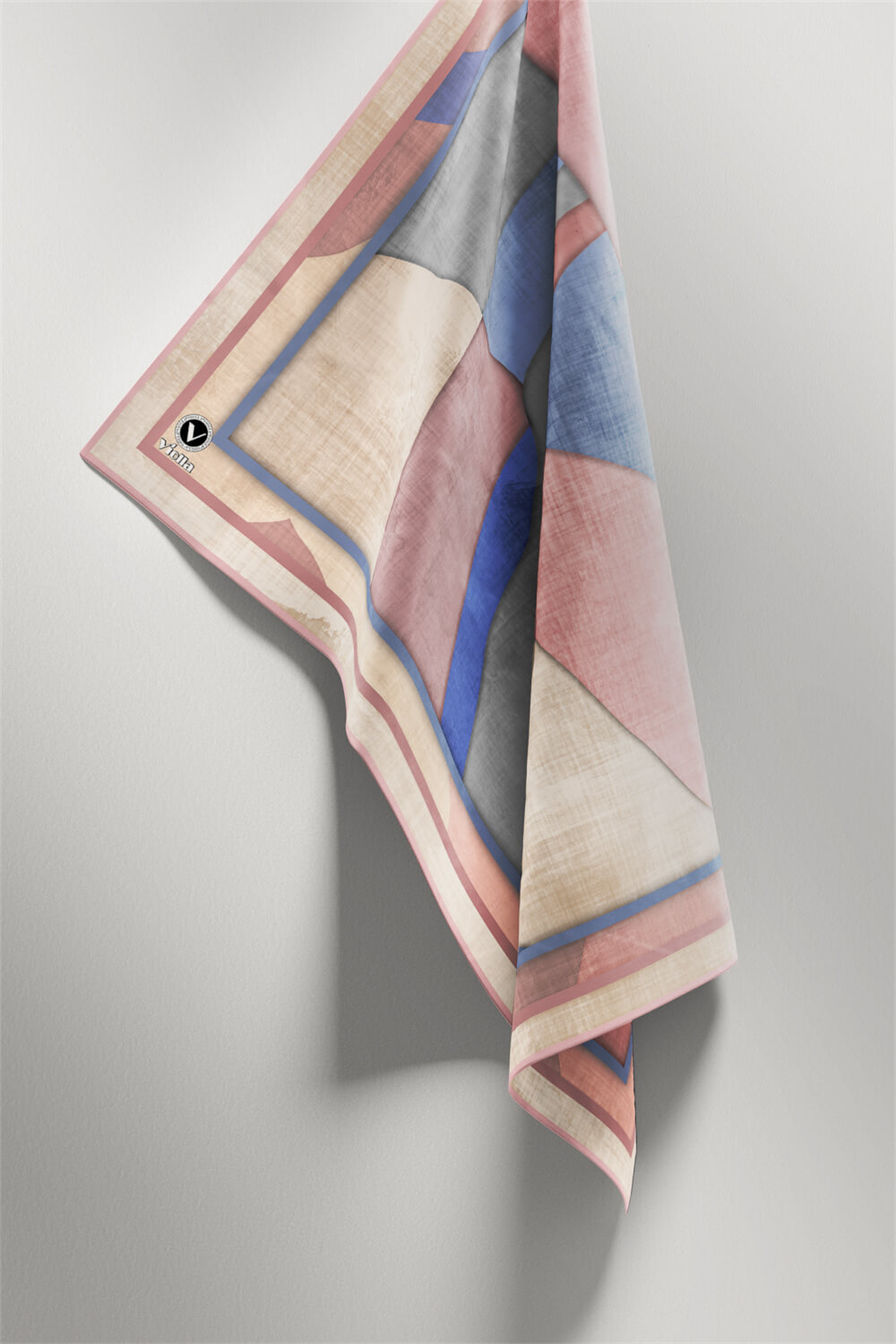 Twill Geometrik Desenli Pudra Renkli 90x90 Eşarp (İpek İçermez) Kenar Dikiş Şekli El Dikişli