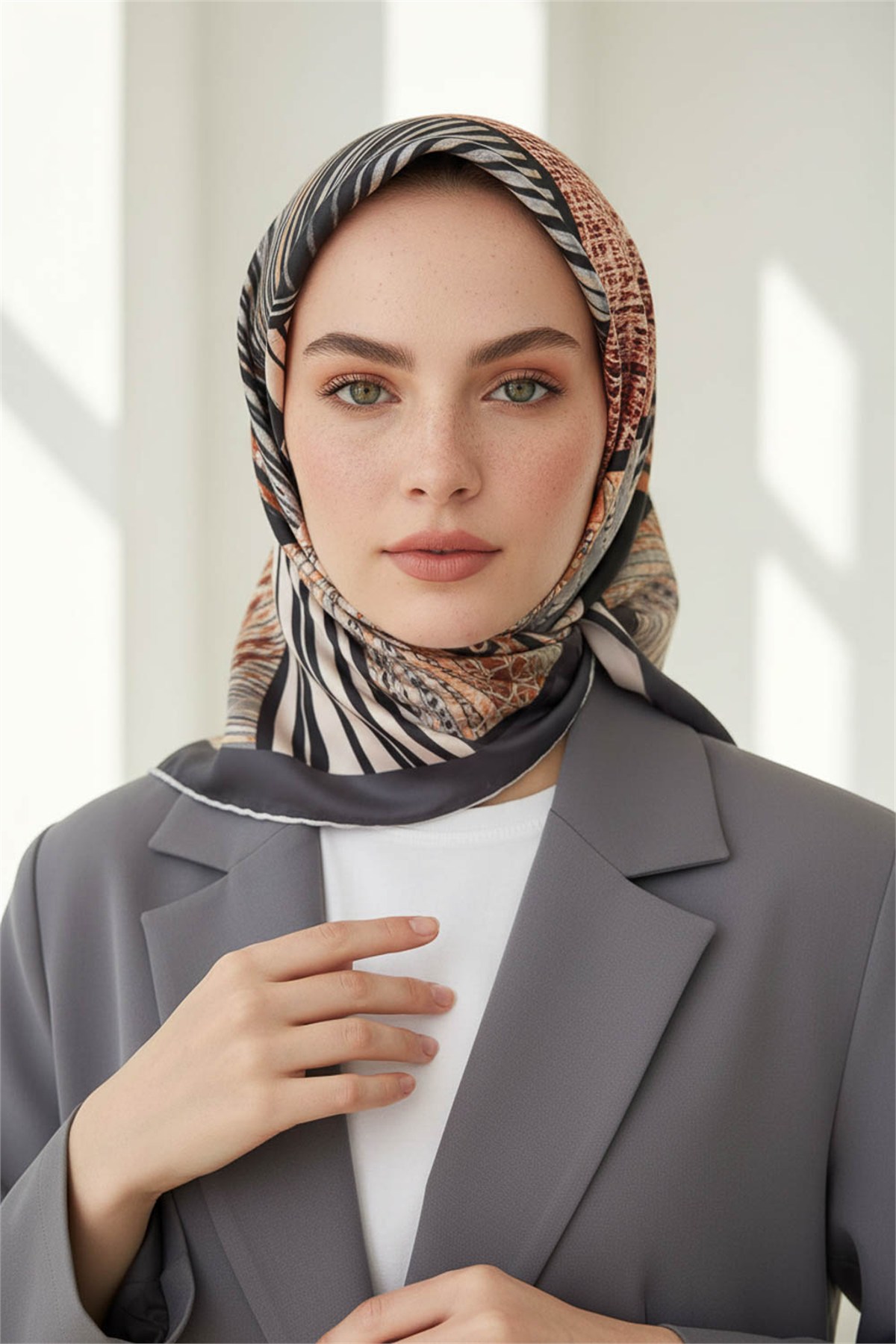 Twill Dalgalı Geometrik Desenli Gri Renkli 90x90 Eşarp (İpek İçermez) Kenar Dikiş Şekli El Dikişli