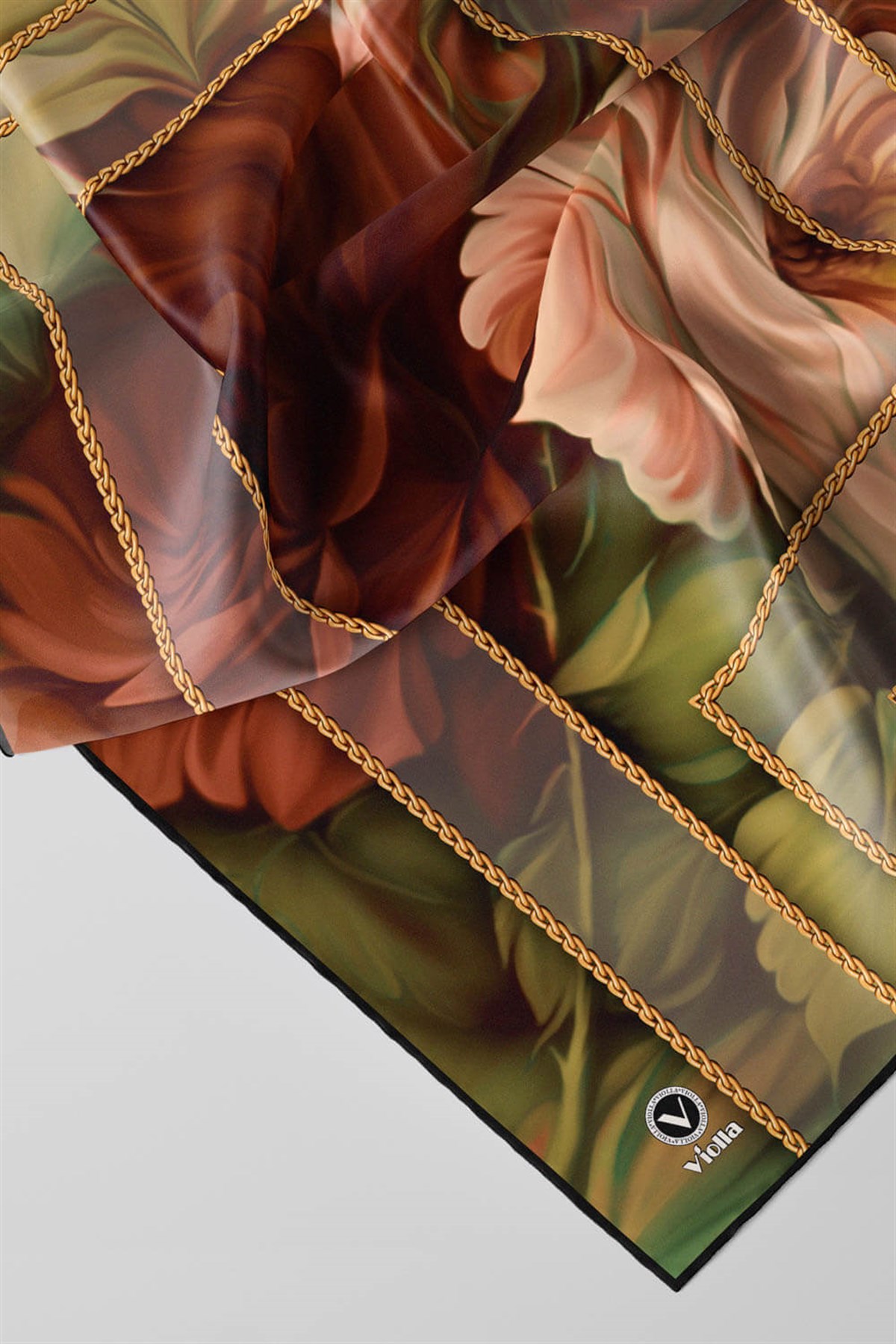 Twill Gül Desenli Taba - Haki Renkli 90x90 Eşarp (İpek İçermez) Kenar Dikiş Şekli El Dikişli
