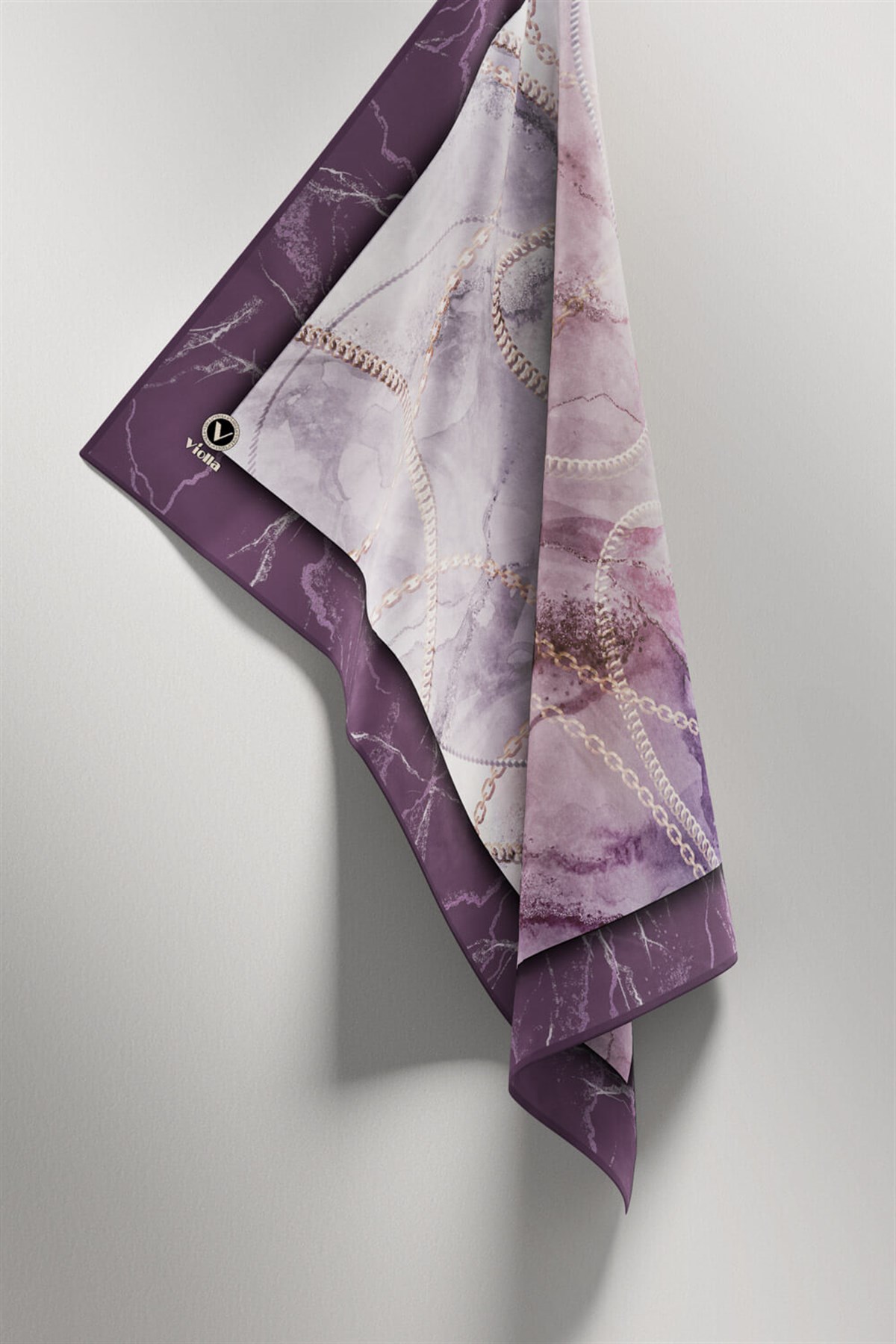 Twill Mermer ve Zincir Desenli Mor Renkli 90x90 Eşarp (İpek İçermez) Kenar Dikiş Şekli El Dikişli