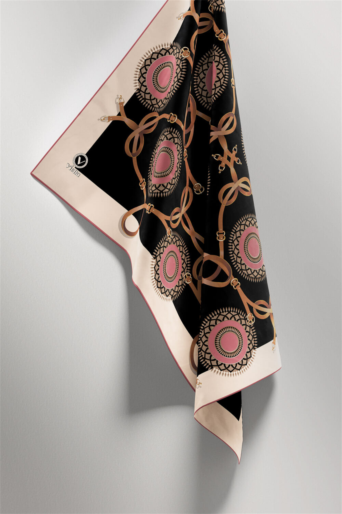 Twill Kemerli Ve Geometrik Desenli Gül Kurusu Renkli 90x90 Eşarp (İpek İçermez) Kenar Dikiş Şekli El Dikişli