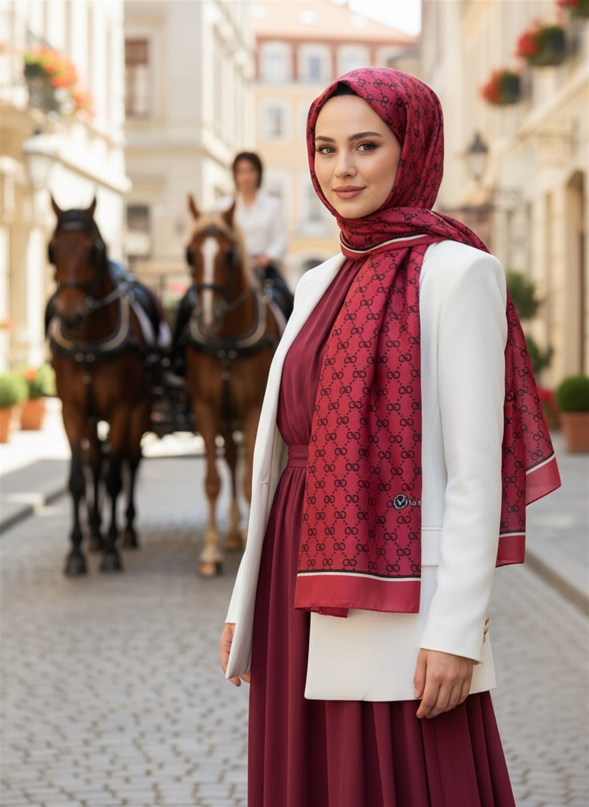 %100 İpek Minik Motif Desenli Bordo Renkli 92x210 Şal