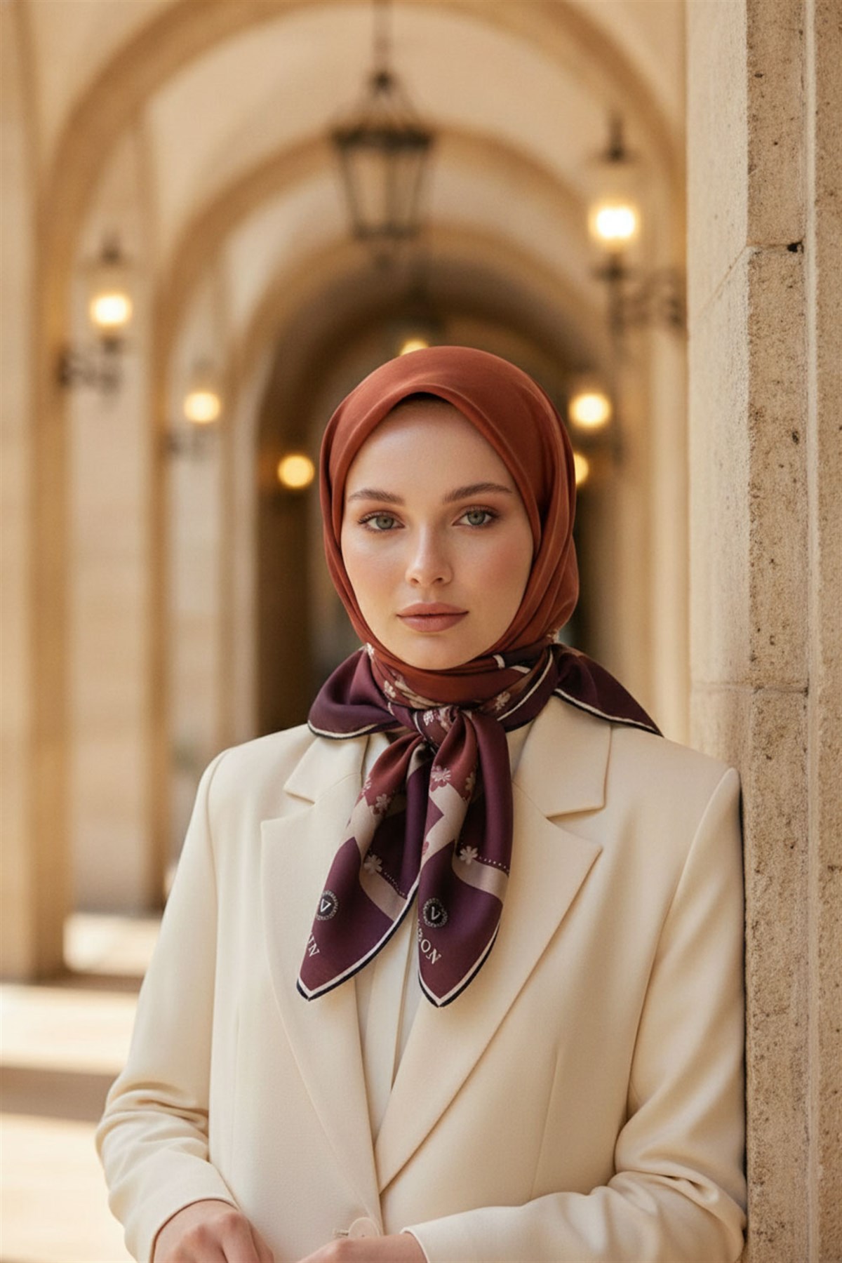 %100 Twill İpek Kenar Motifi Çiçek Desenli Taba - Siyah Renkli 90x90 Eşarp Dikim Şekli : El Dikişi