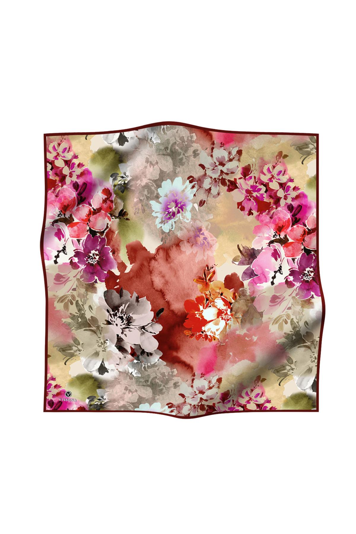 %100 Twill İpek Çiçek  Desenli Bordo - Kırmızı Renkli 90x90 Eşarp Dikim Şekli : El Dikişi