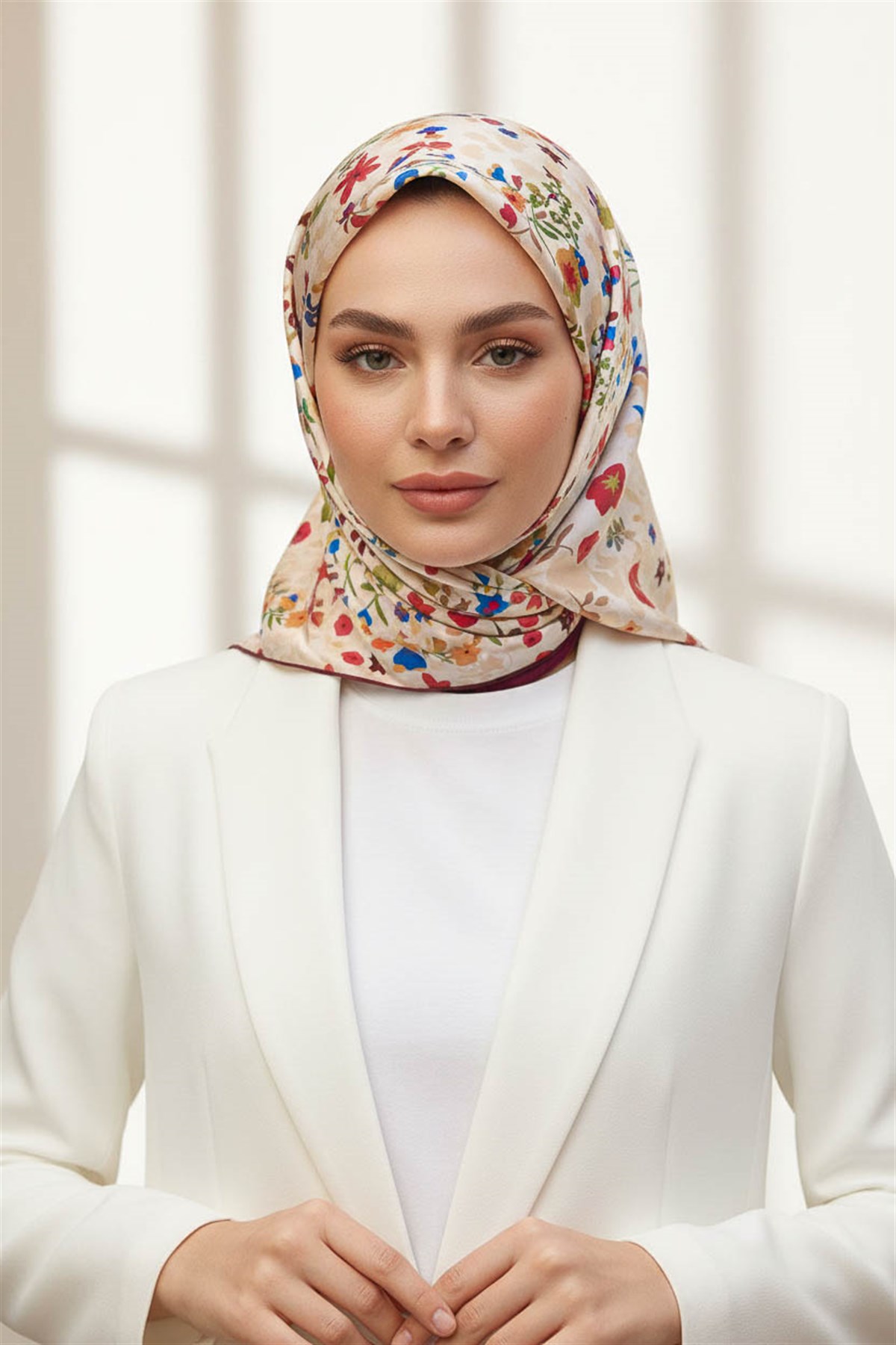 %100 Twill İpek Çıtır Çiçek Desenli Krem - Bordo Renkli 90x90 Eşarp Dikim Şekli : El Dikişi
