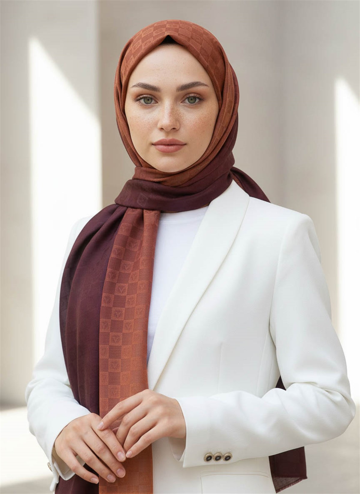 Vissona %57 İPEK %43 PAMUK Degrade Desenli Taba Renkli Şal -  70x190 Dikiş Tipi İtalyan Dikişli
