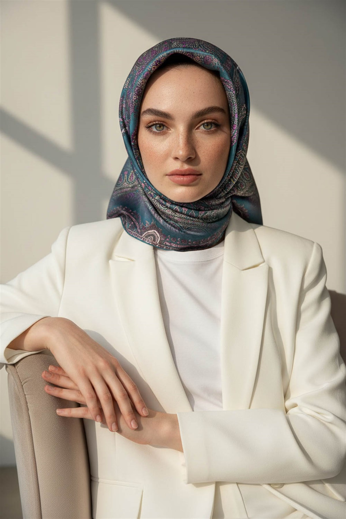 %100 Twill İpek Şal Desenli Petrol Yeşili Renkli 90x90 Eşarp Dikim Şekli : El Dikişi