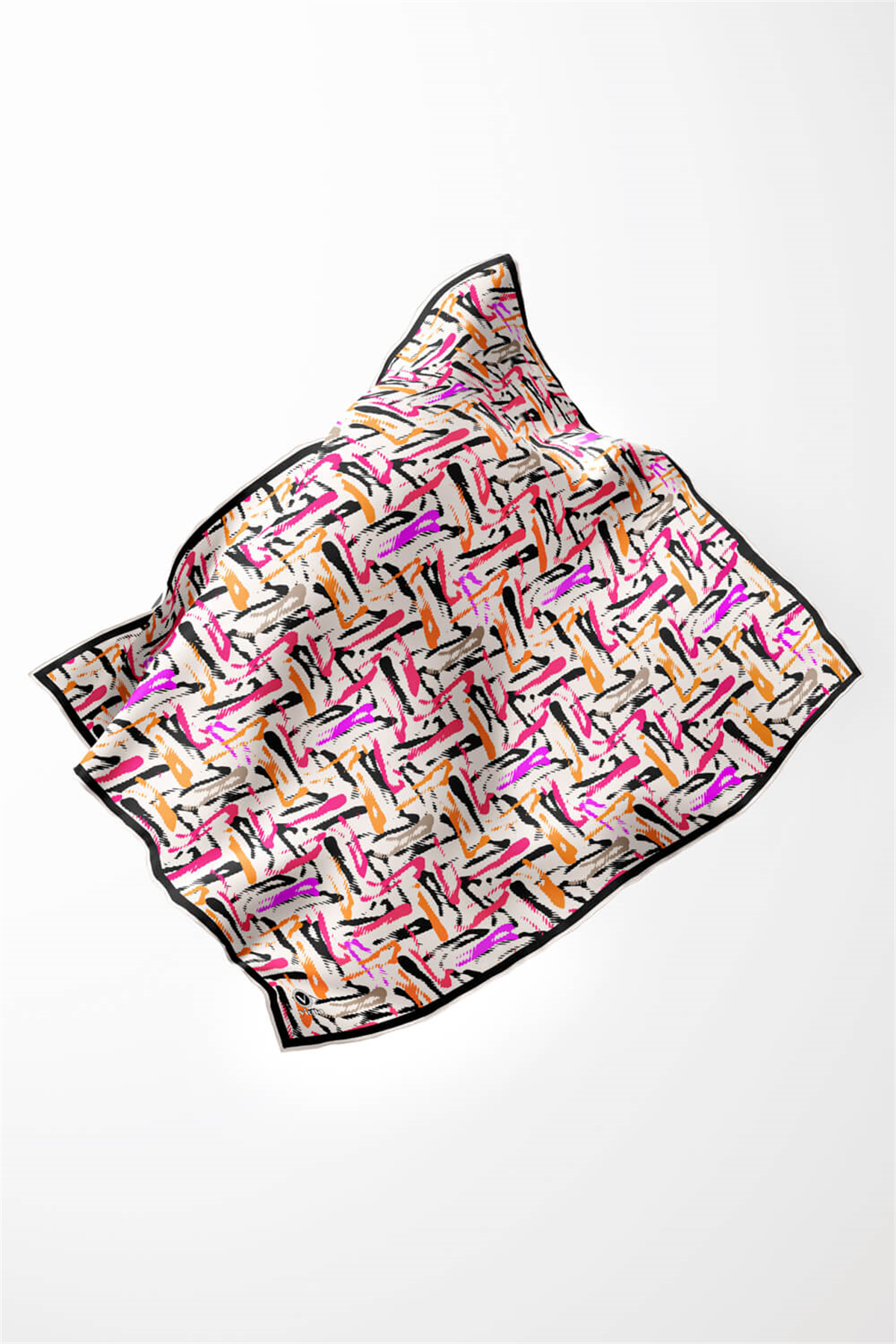 Twill Geometrik Desenli Pembe - Turuncu Renkli 90x90 Eşarp (İpek İçermez) Dikim Şekli : El Dikişi