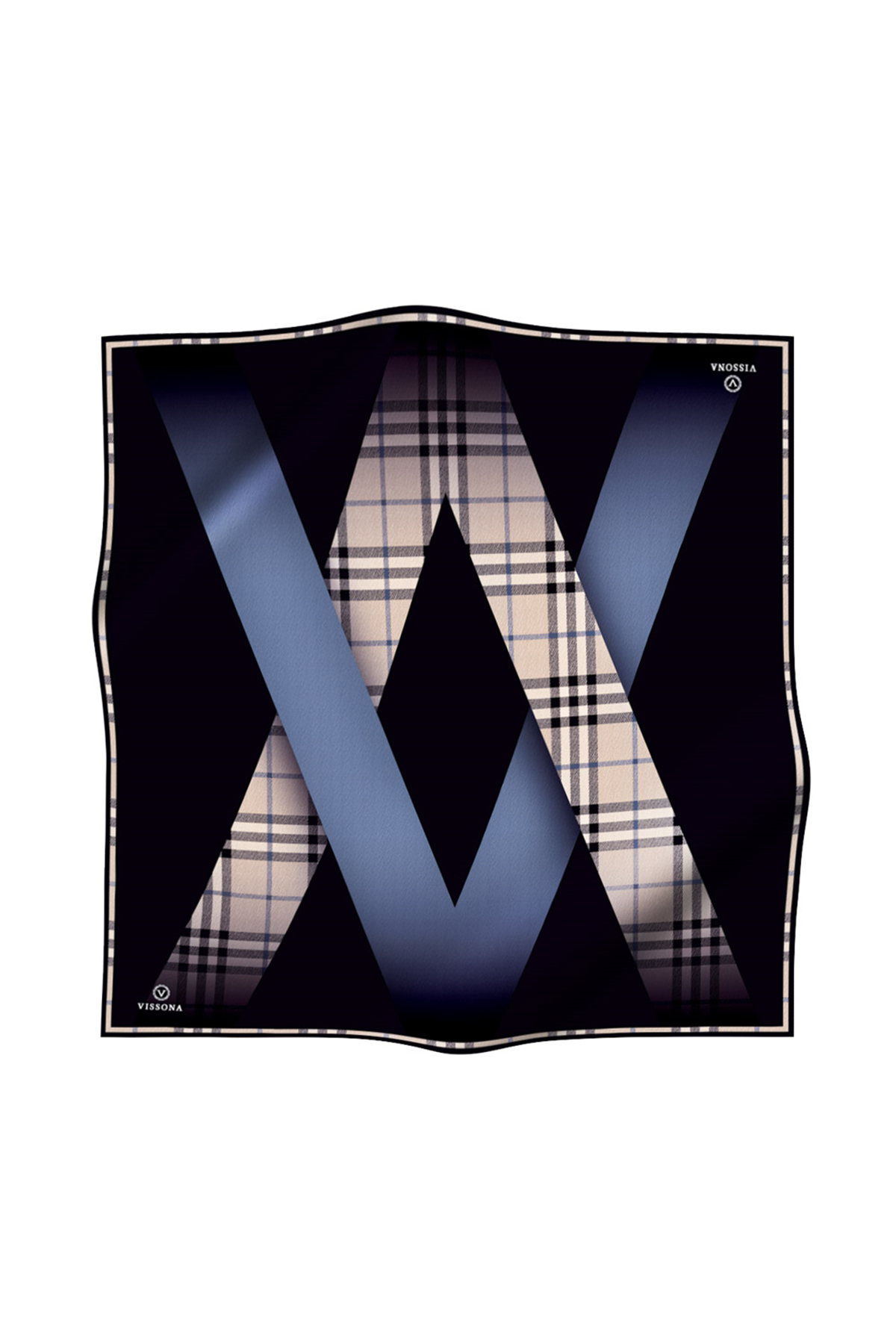 % 57 İPEK % 43 VİSKON Twill İpek Ekose Desenli İndigo - Siyah Renkli 90x90 Eşarp Dikim Şekli : El Dikişi