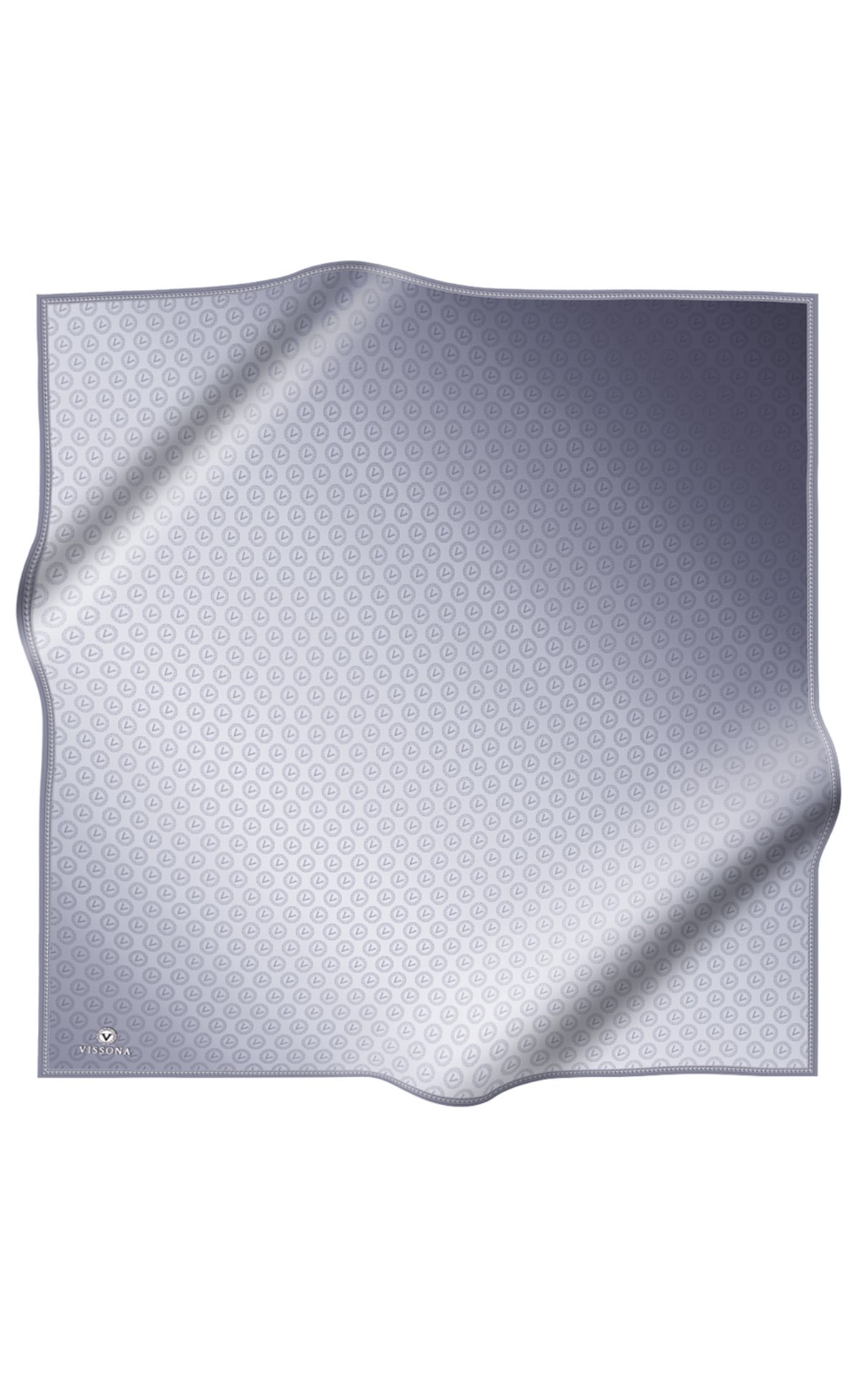 % 57 İPEK % 43 VİSKON Twill İpek Monogram Desenli Gümüş - Füme Renkli 90x90 Eşarp Dikim Şekli : El Dikişi