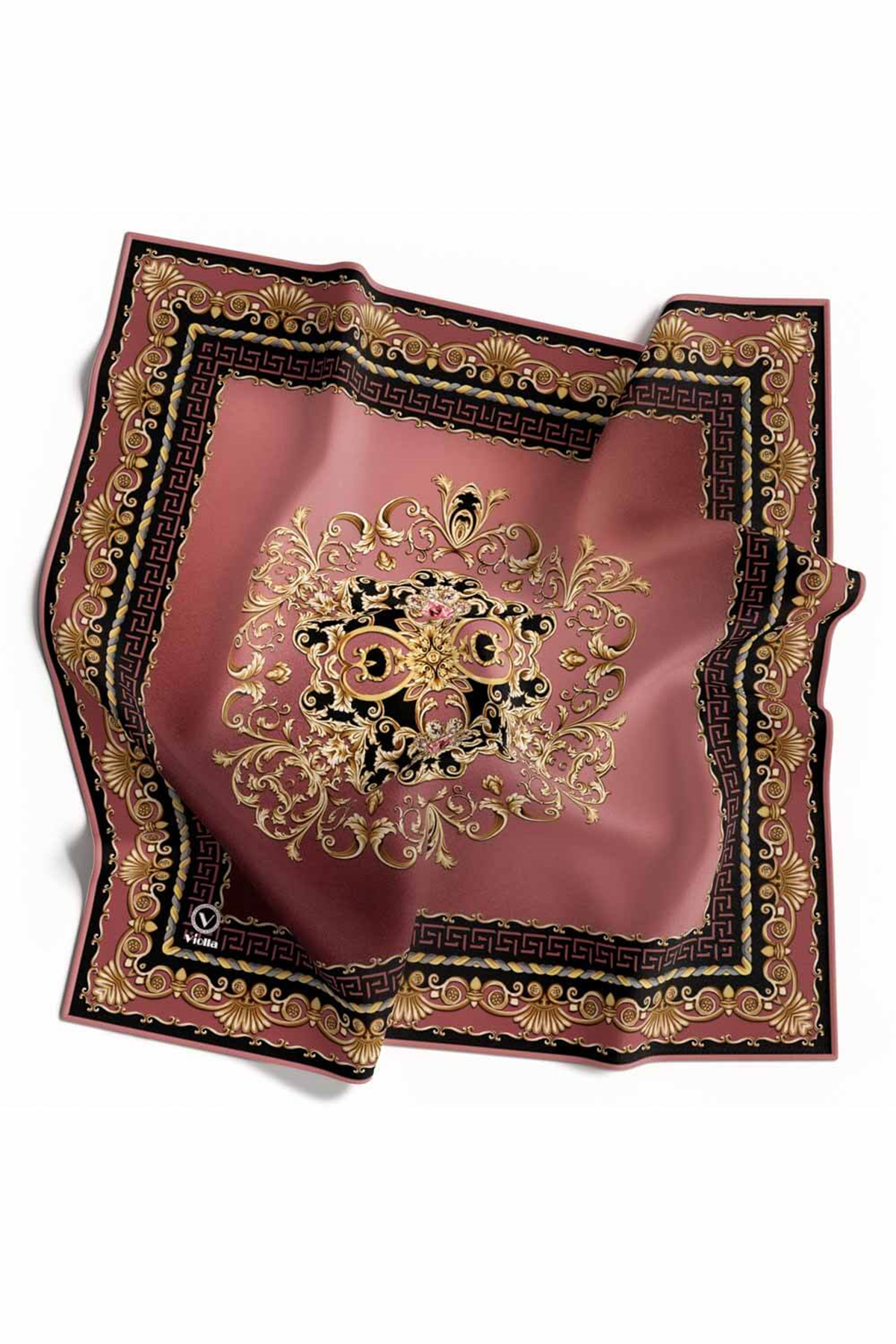 Twill Barok Desenli Gül Kurusu Renkli 90x90 Eşarp (İpek İçermez) Dikim Şekli : El Dikişi