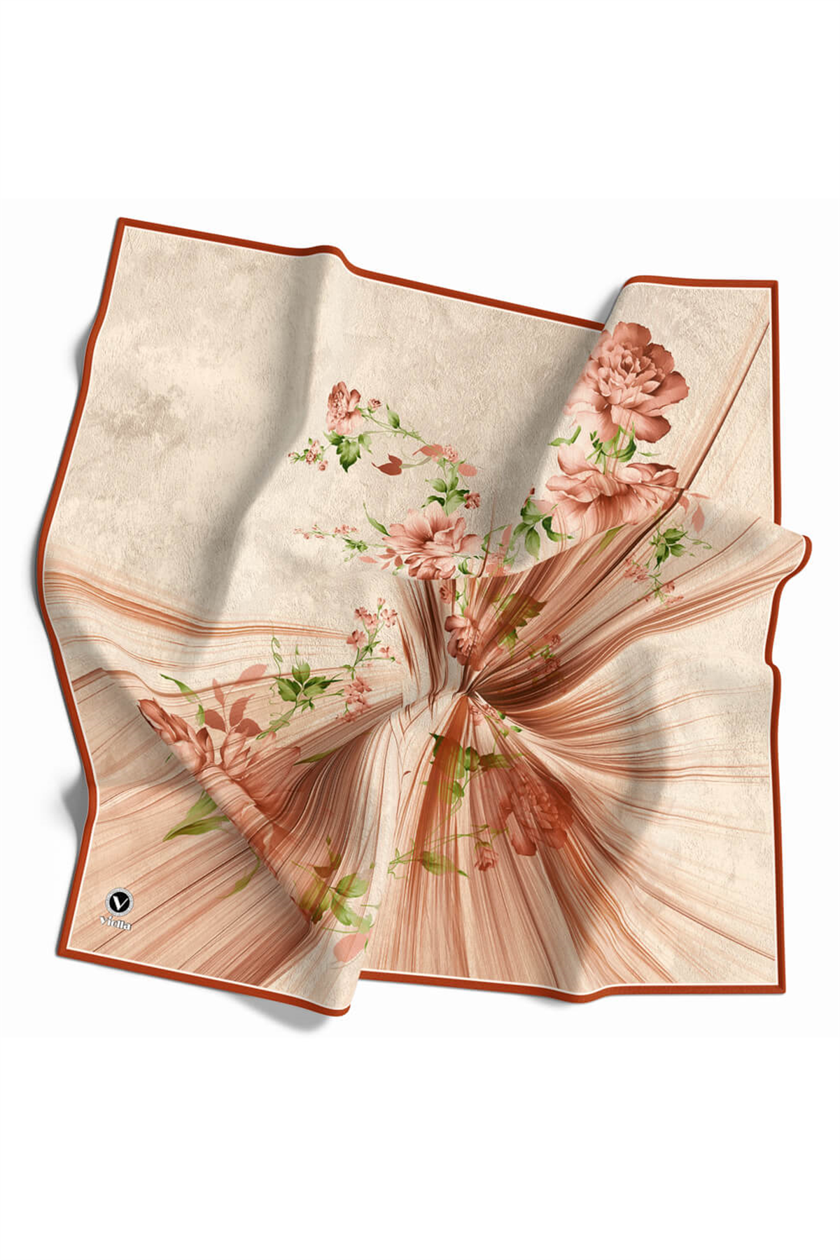 Twill Çiçekli Desenli Taba Renkli 90x90 Eşarp (İpek İçermez) Kenar Dikiş Şekli El Dikişli