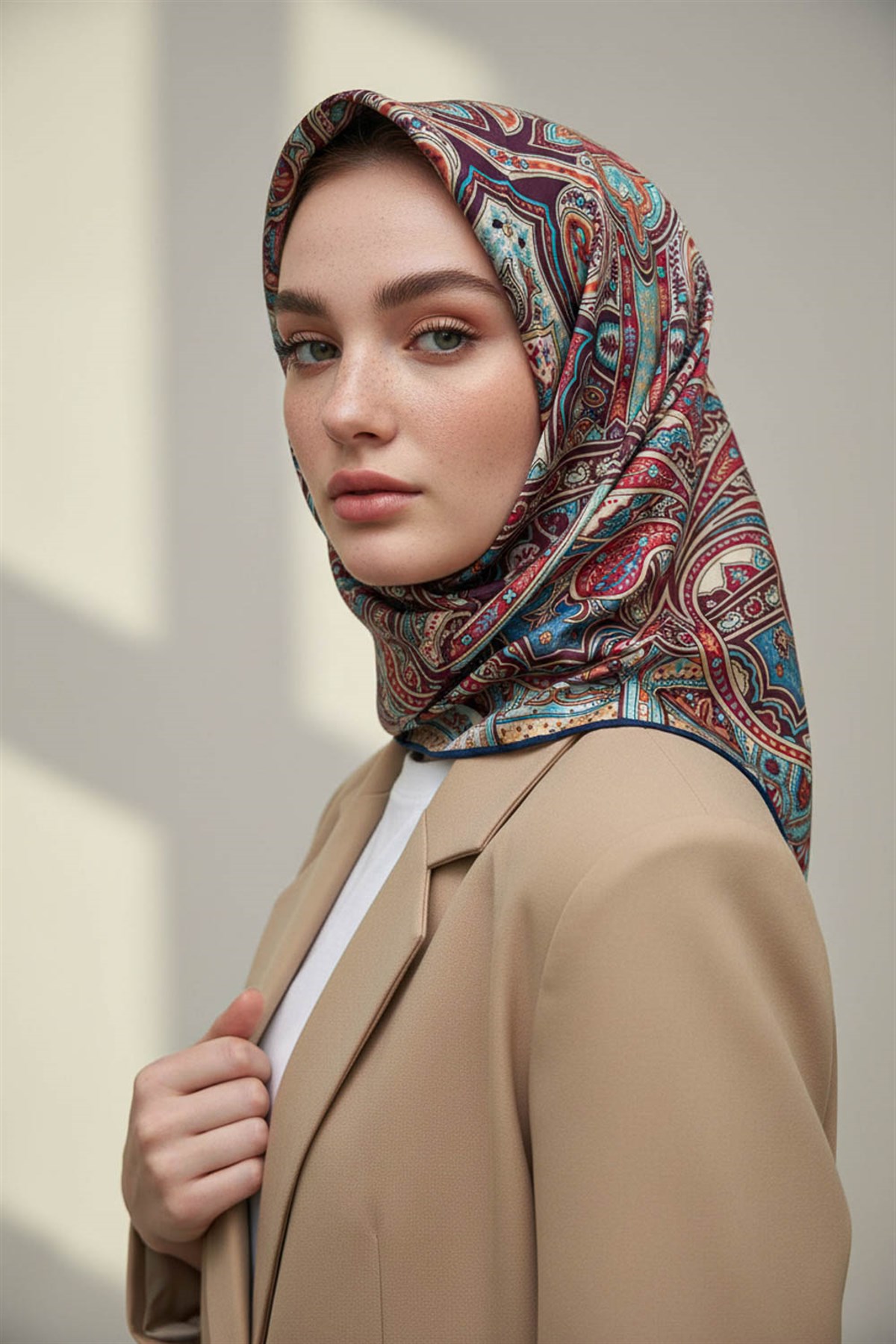 100% Twill İpek Etnik Desenli Lacivert Renkli 90x90 Dikim Şekli : El Dikişi Eşarp