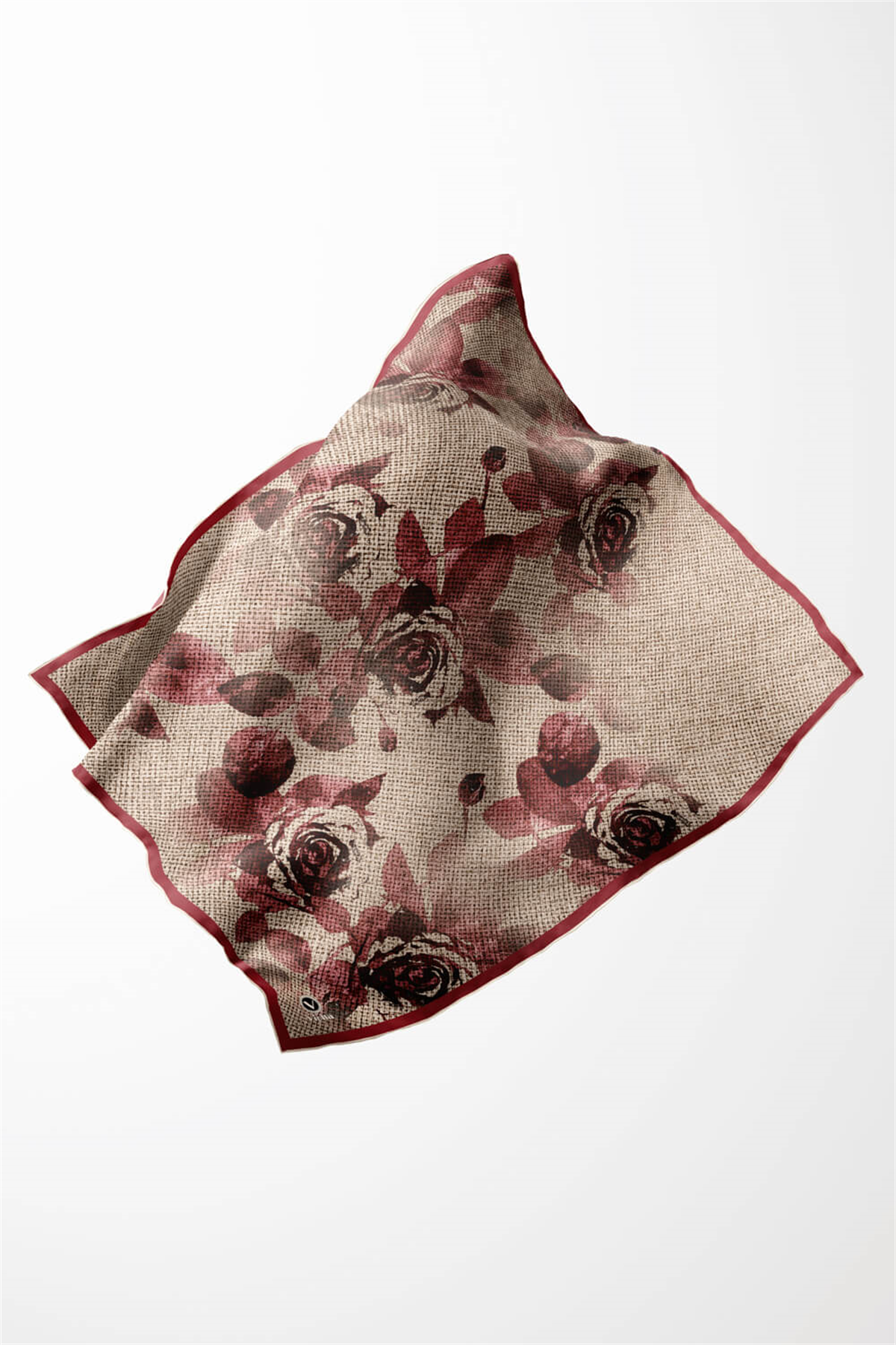 Twill Gül Desenli Bordo Renkli 90x90 Eşarp (İpek İçermez) Kenar Dikiş Şekli El Dikişli