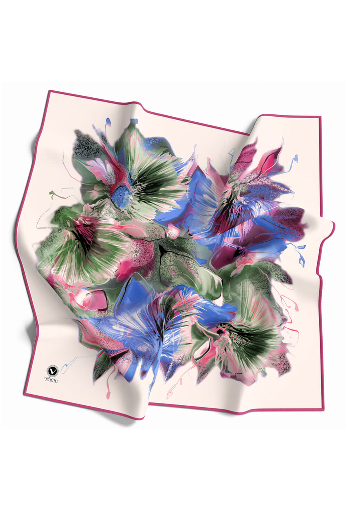 Twill Çiçek Desenli Pembe - Saks Renkli 90x90 Eşarp (İpek İçermez) Kenar Dikiş Şekli El Dikişli
