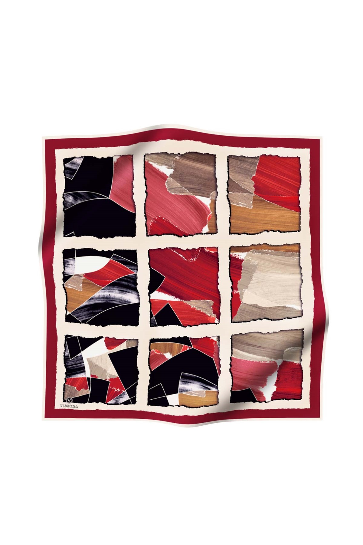 %100 Twill İpek Geometrik Desenli Bordo - Bej Renkli 90x90 Eşarp Dikim Şekli : El Dikişi