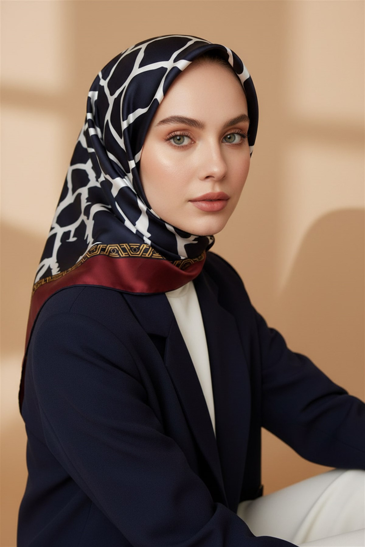 %100 Twill Taş Desenli Lacivert - Bordo Renkli 90x90 Eşarp Dikim Şekli: El Dikişi