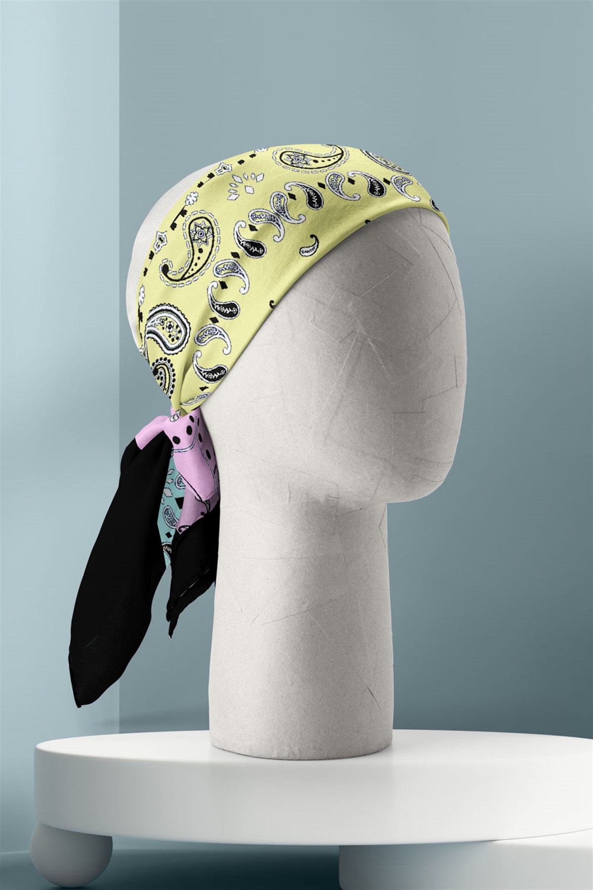 Violla Y33 Kadın Sarı Turkuaz Kareli Desenli 50x50 Bandana HYL DG01226-22