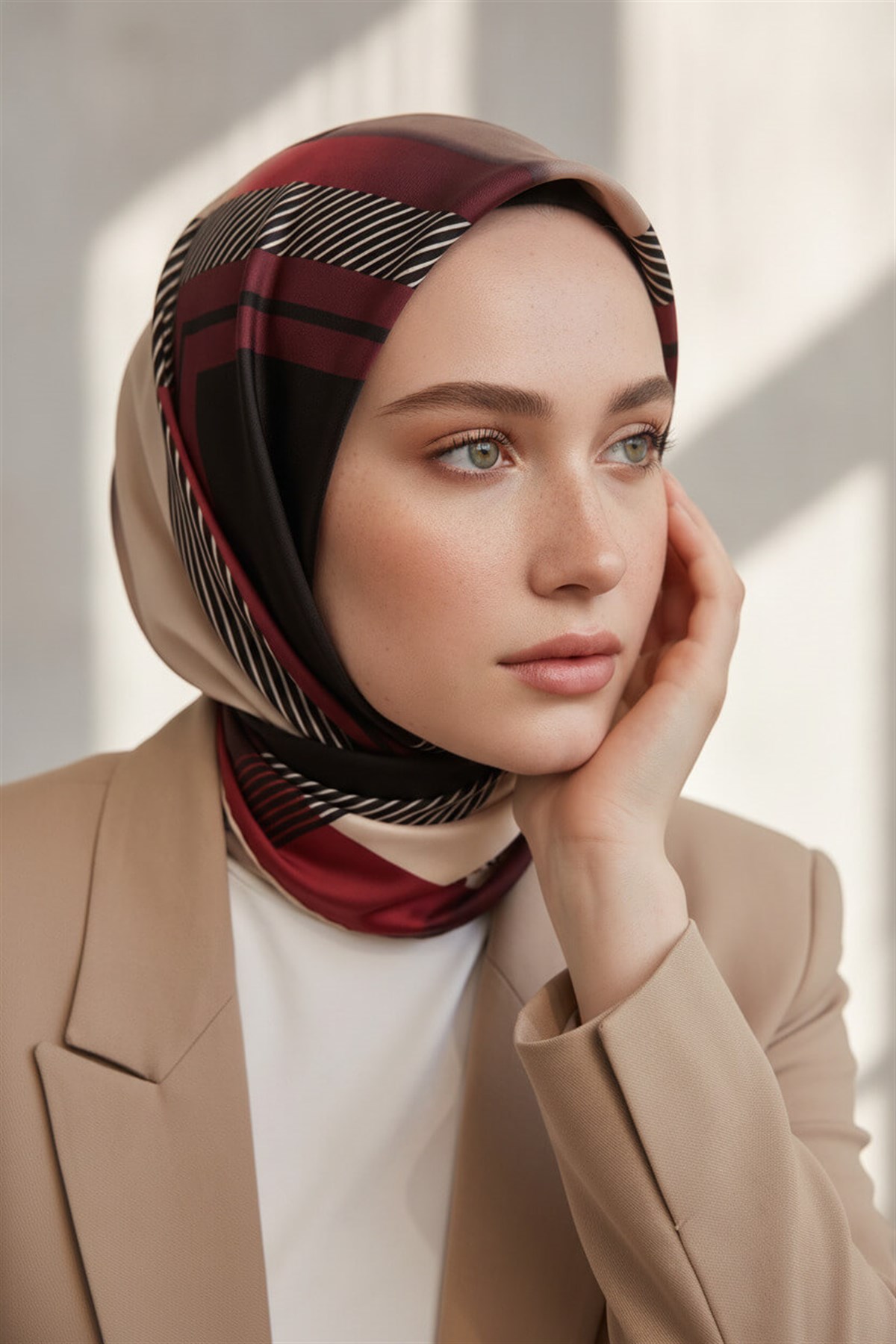 %100 Twill İpek Zebra Desenli Bej - Bordo Renkli 90x90 Eşarp Dikim Şekli : El Dikişi
