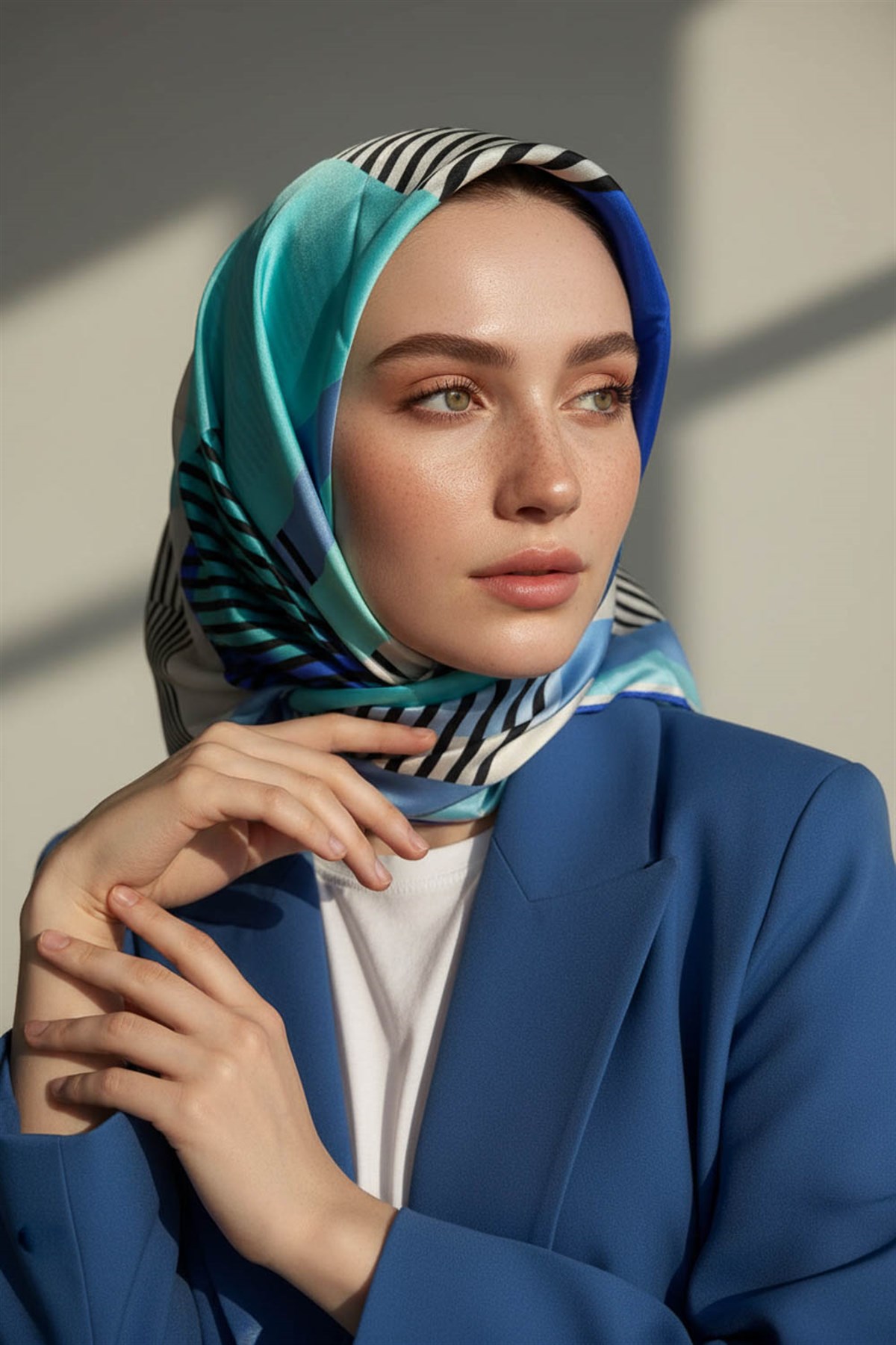 100% Twill İpek Geometrik Desenli Bebe Mavisi - Saks Renkli 90x90 Dikim Şekli : El Dikişi Eşarp