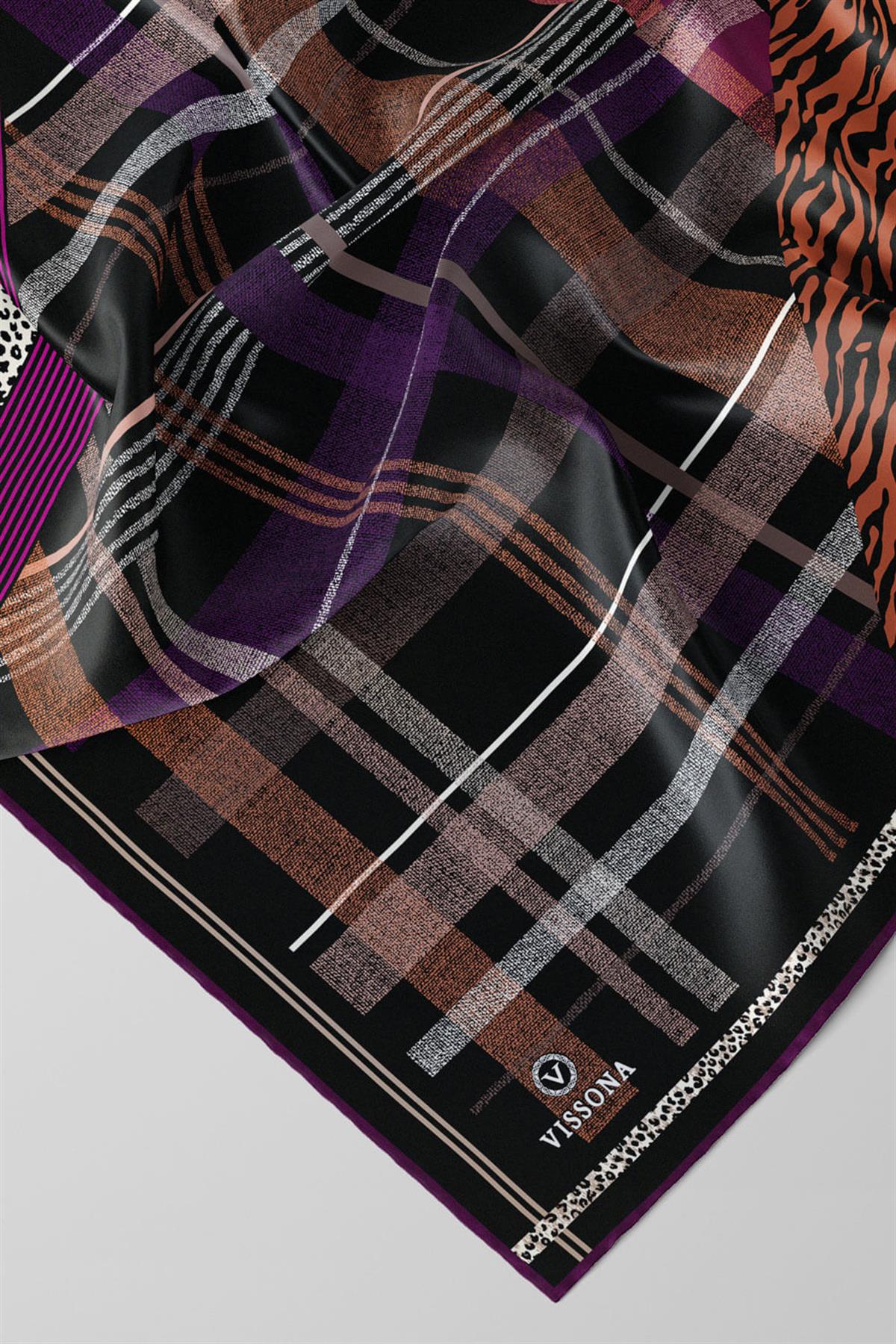 %100 Twill İpek Ekoseli Ve Leopar Desenli Mürdüm - Taba Renkli 90x90 Eşarp Dikim Şekli : El Dikişi