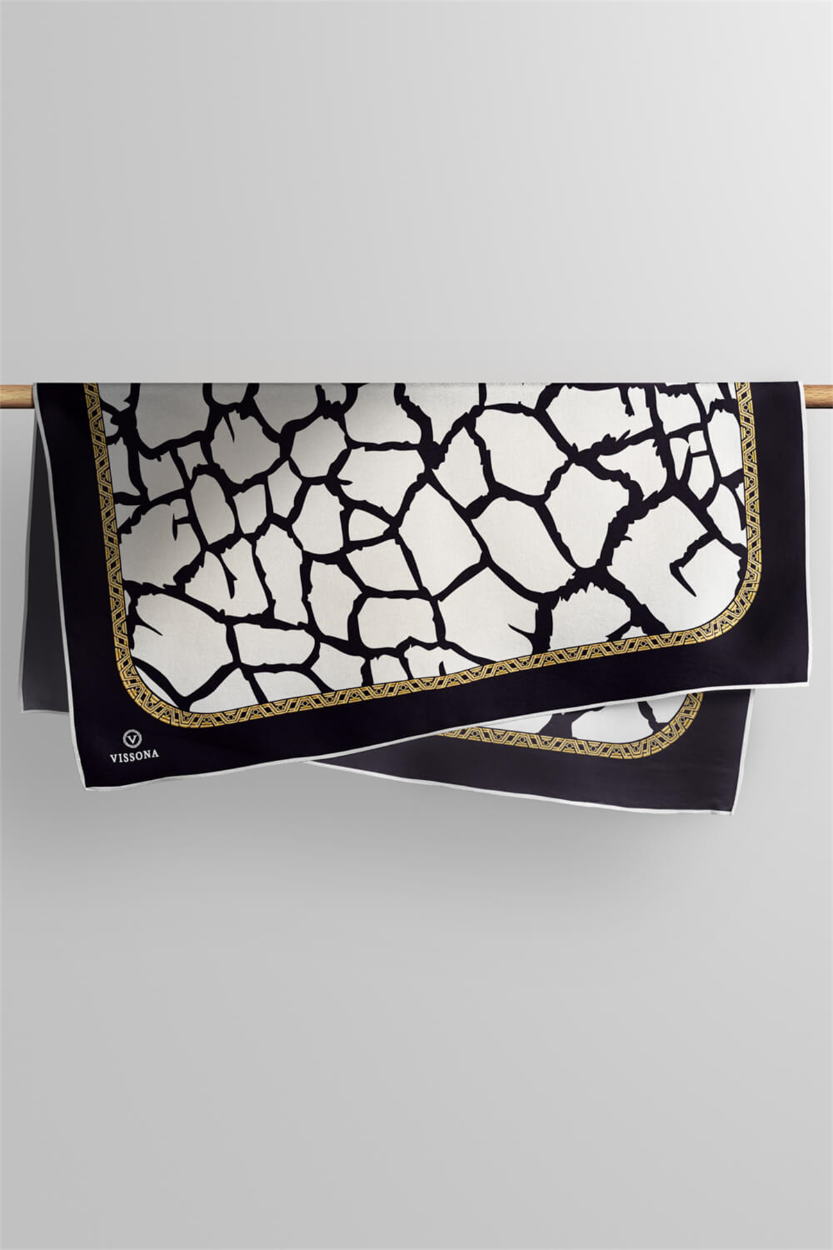 % 57 İPEK % 43 VİSKON Twill Taş Desenli Krem - Siyah Renkli 90x90 Eşarp Dikim Şekli: El Dikişi