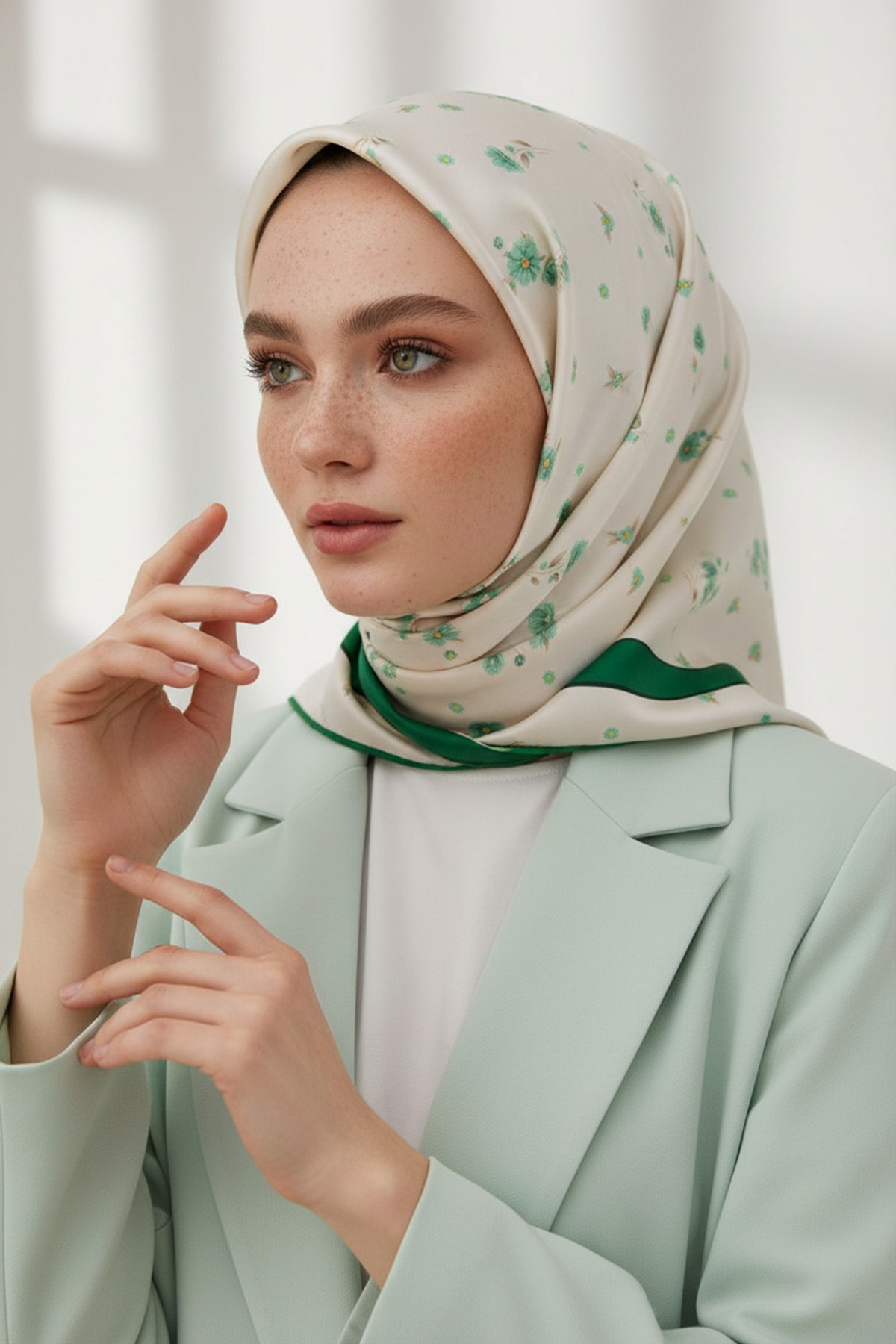 100% Twill İpek Bordürlü Çıtır Çiçek Desenli Zümrüt Yeşili Renkli 90x90 Dikim Şekli : El Dikişi Eşarp