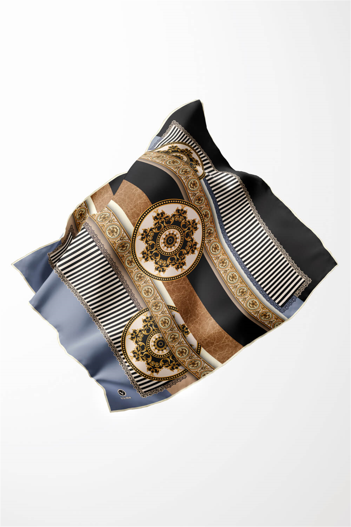 Twill Çizgili ve Barok Desenli Bebe Mavisi Renkli 90x90 Eşarp (İpek İçermez) Kenar Dikiş Şekli El Dikişli