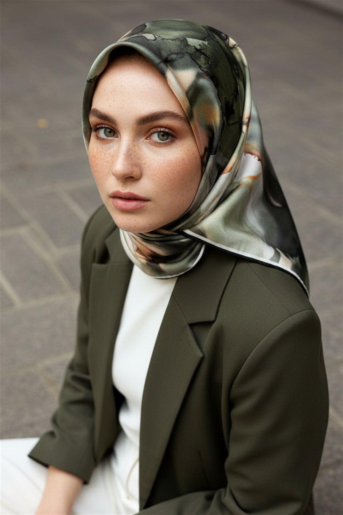 %100 Twill İpek Batik Çiçek Desenli Haki Yeşili - Vizon Renkli 90x90 Eşarp Kenar Dikiş Şekli El Dikişli