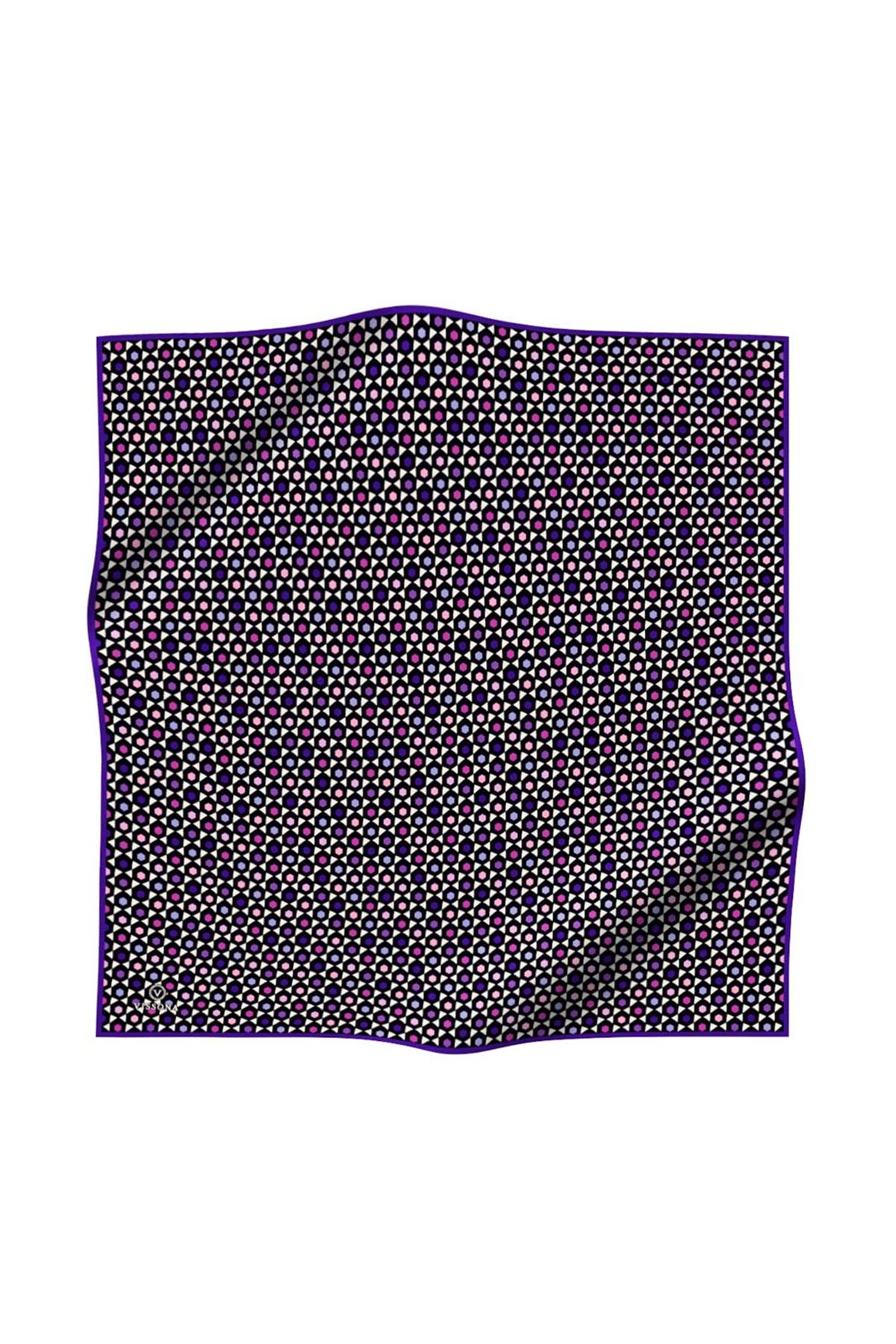 %100 Twill İpek Nokta Desenli Siyah - Mor Renkli 90x90 Eşarp Dikim Şekli : El Dikişi