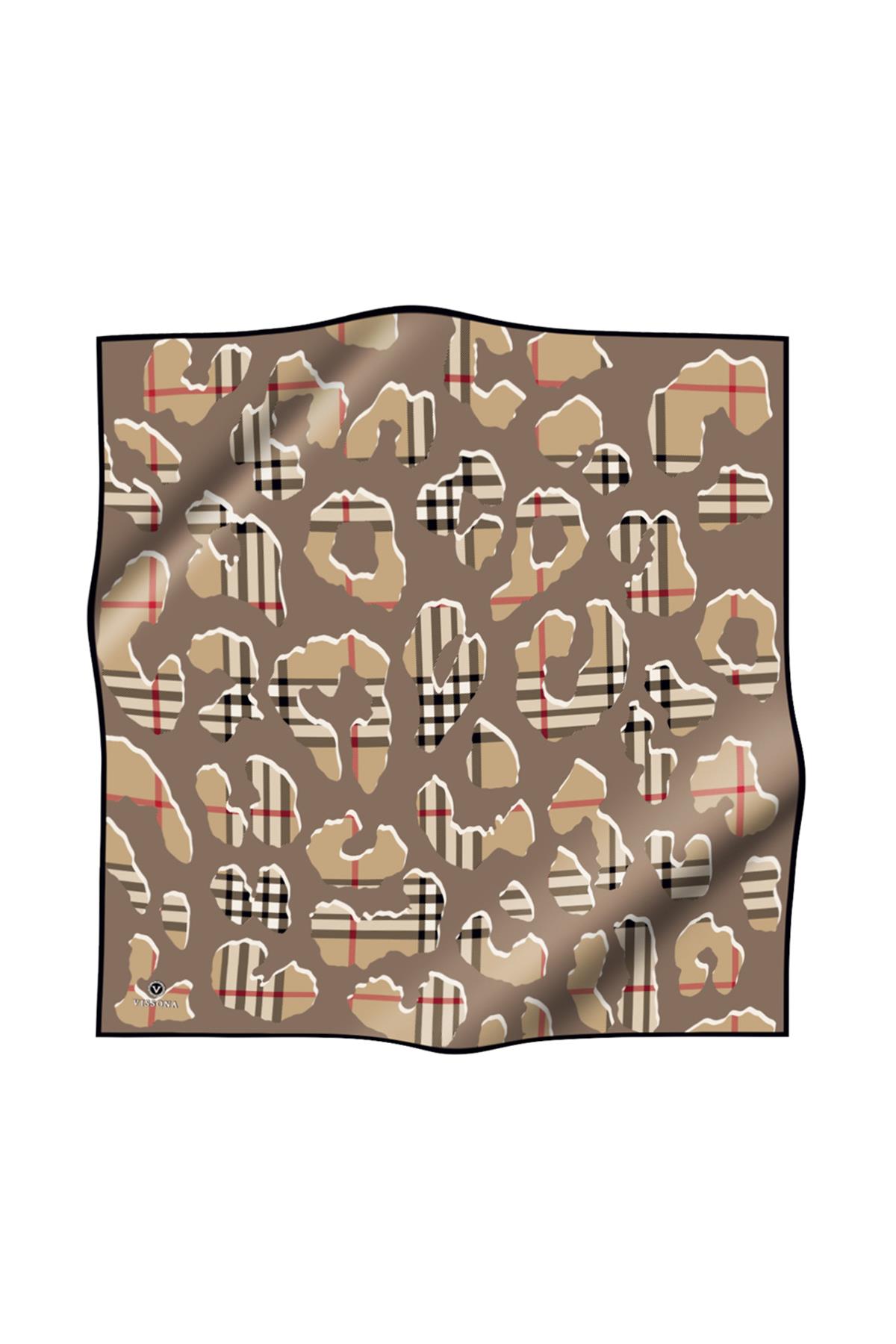 %100 Twill İpek Leopar Desenli Bej - Bej Renkli 90x90 Eşarp Dikim Şekli : El Dikişi