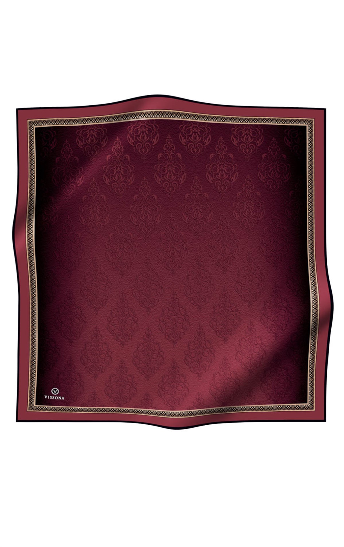 %100 Twill İpek Eşarp 90x90 Bordo Barok Desenli El Dikişli Kadın Eşarp