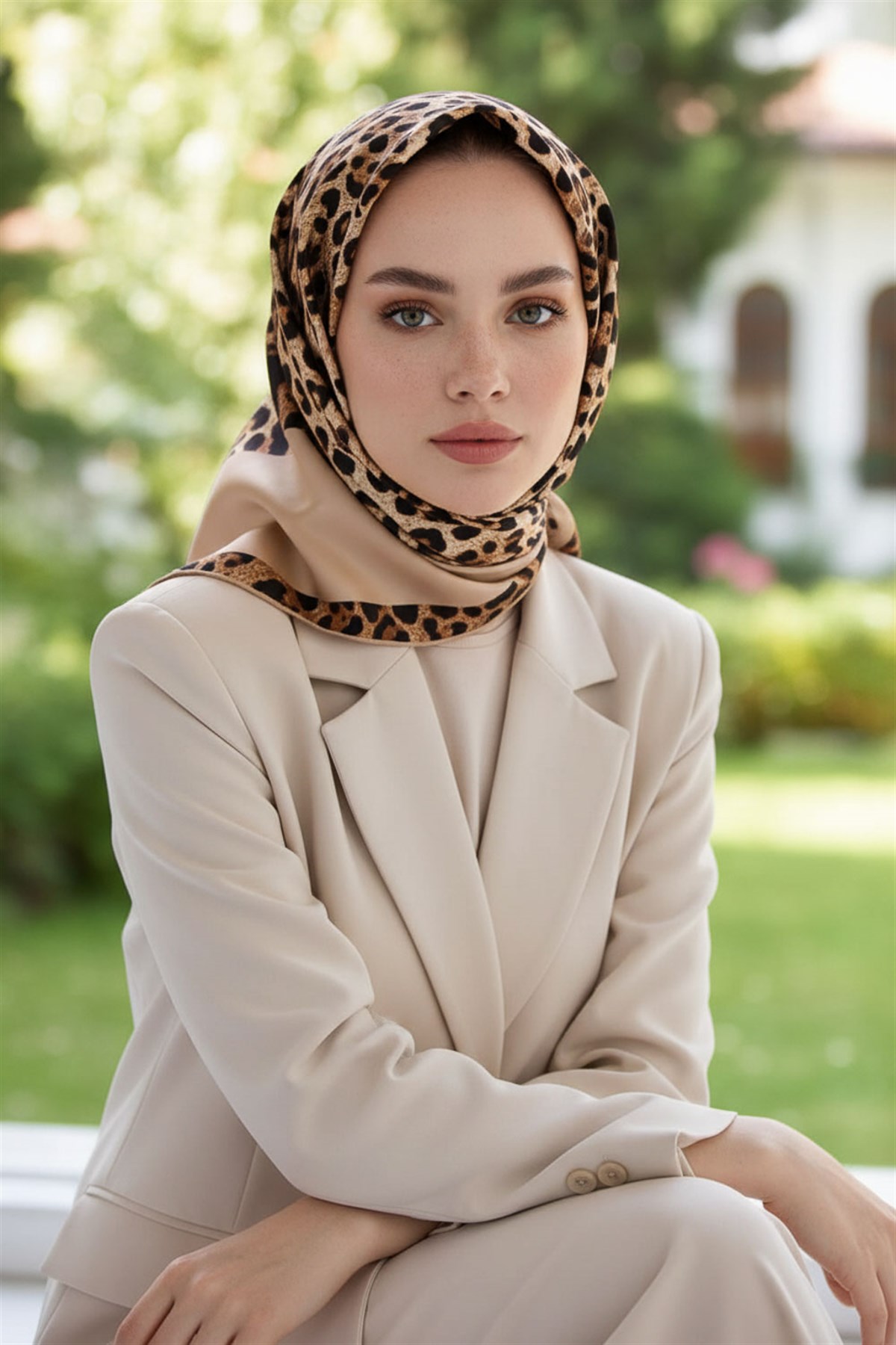 %100 Twill İpek Leopar Desenli Bej Renkli 90x90 Eşarp Dikim Şekli : El Dikişi