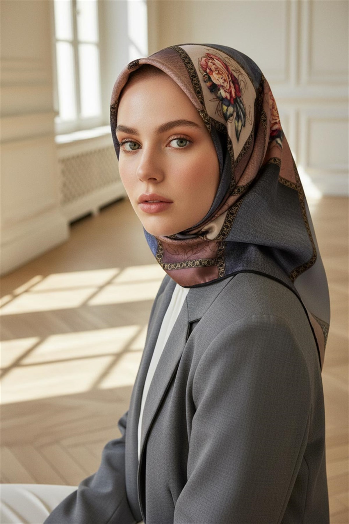 %100 Twill İpek Dokulu Çiçekli Ve Geometrik Desenli Pudra - Gri Renkli 90x90 Eşarp Dikim Şekli : El Dikişi