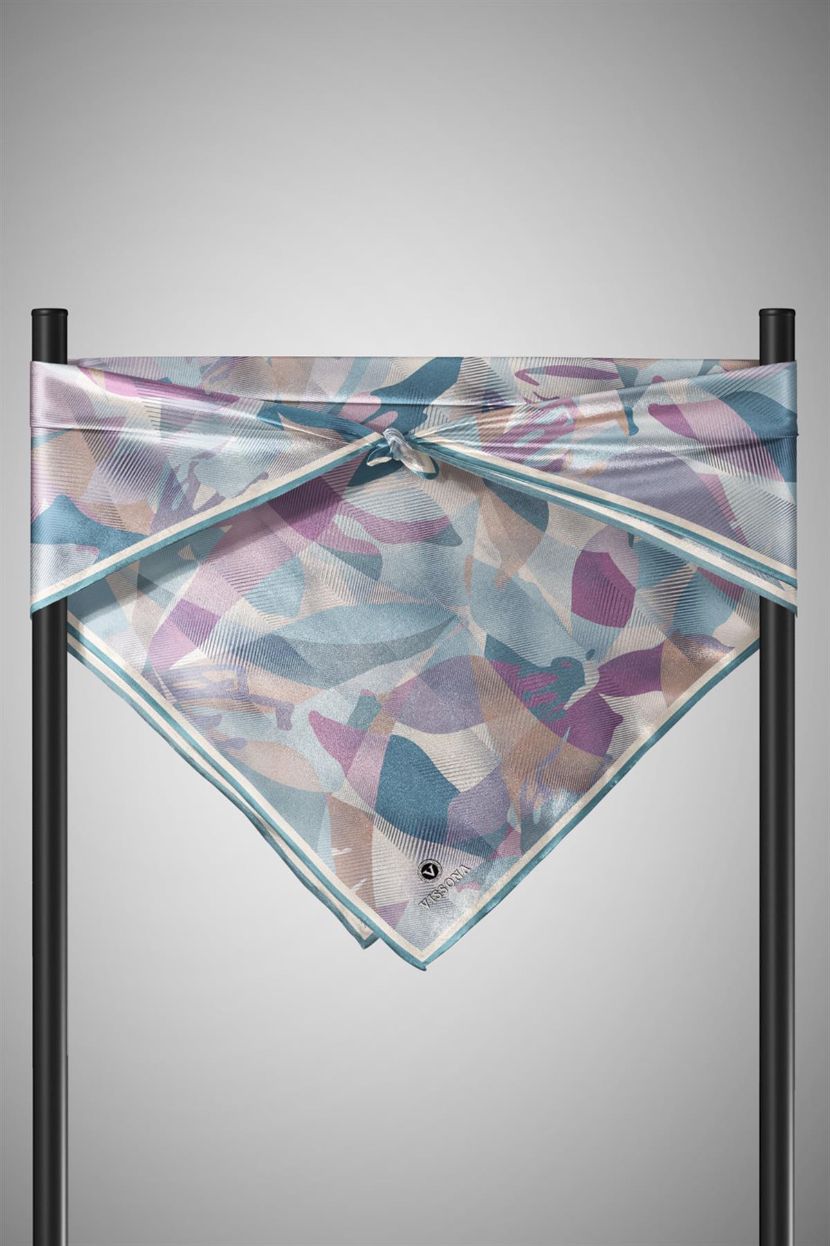 %100 Twill İpek Çiçek Desenli Mint Yeşili - Lila Renkli 90x90 Eşarp Dikim Şekli : El Dikişi