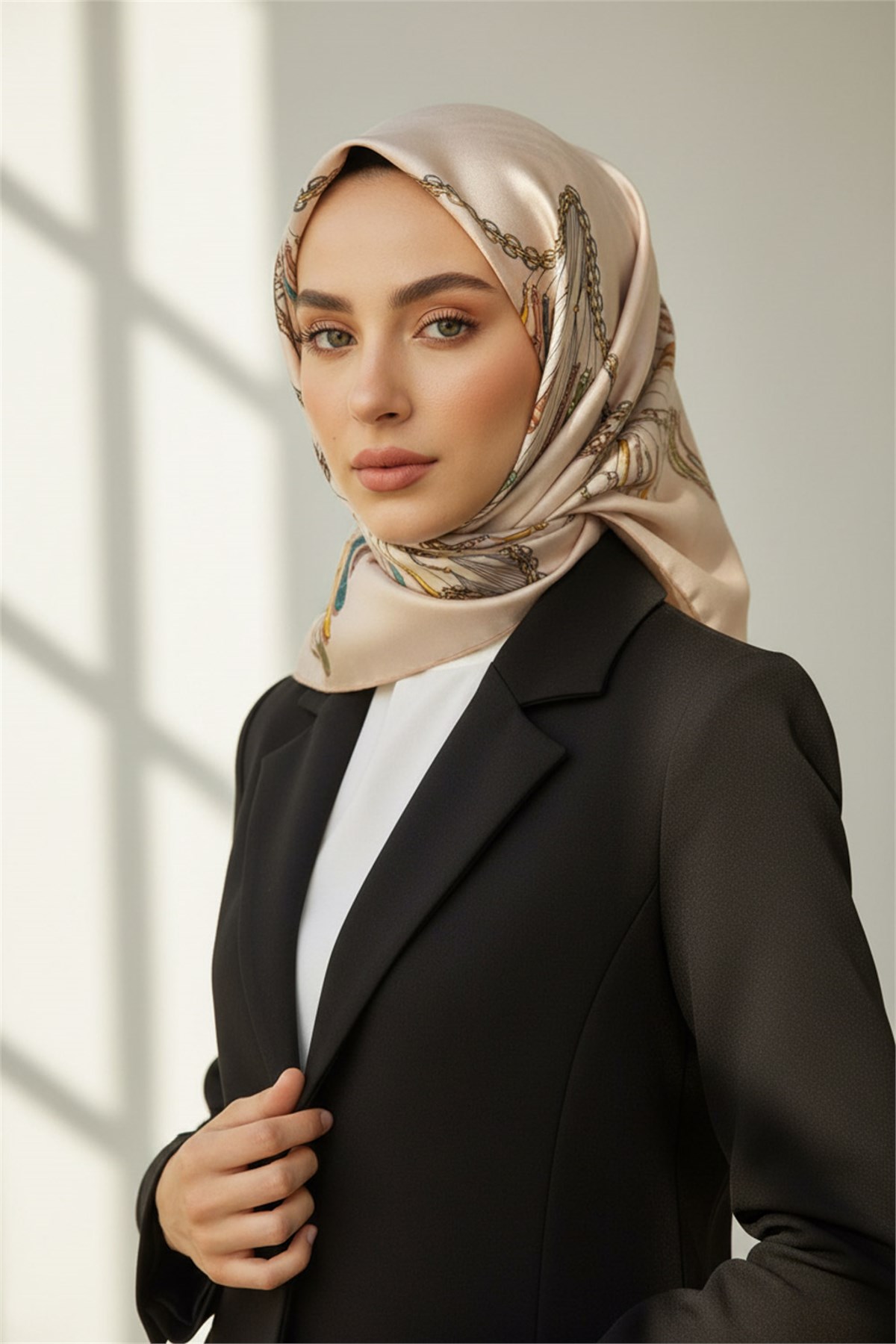 %100 Twill İpek Zincir Desenli Krem Renkli 90x90 Eşarp Dikim Şekli : El Dikişi