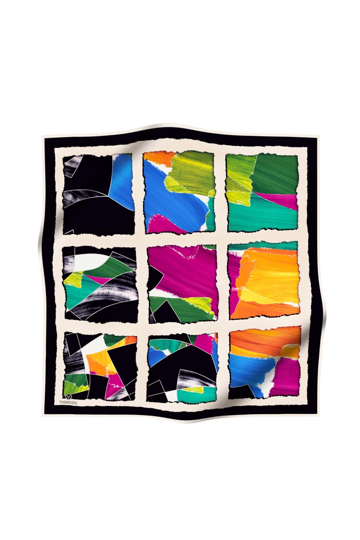 %100 Twill İpek Geometrik Desenli Fuşya - Saks Renkli 90x90 Eşarp Dikim Şekli : El Dikişi