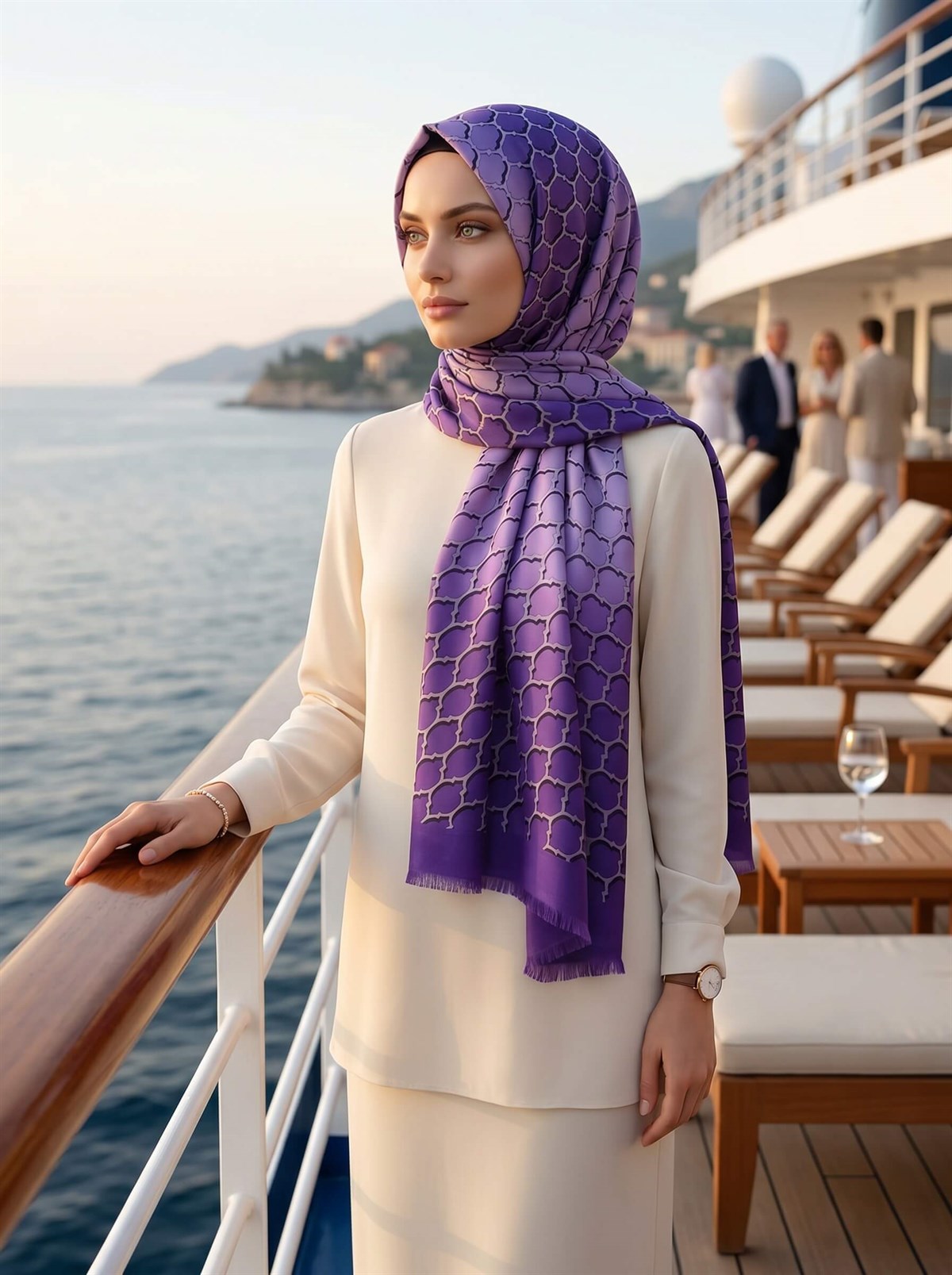 %100 İpek Petek Desenli Mor - Lila Renkli 92x210 Şal
