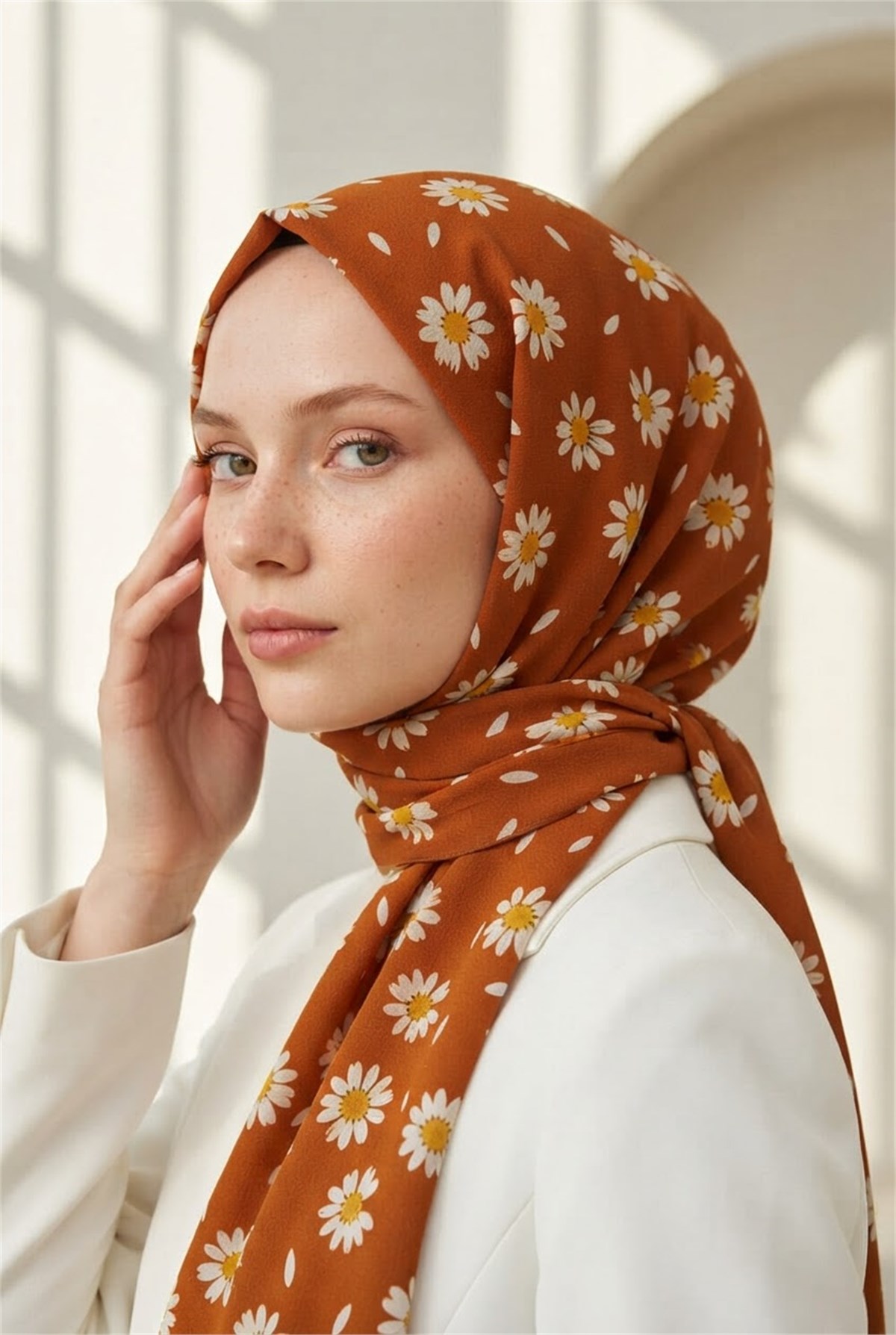 KREP PAPATYA DESENLİ TABA RENKLİ 75X195 KIRIŞMAZ ŞAL